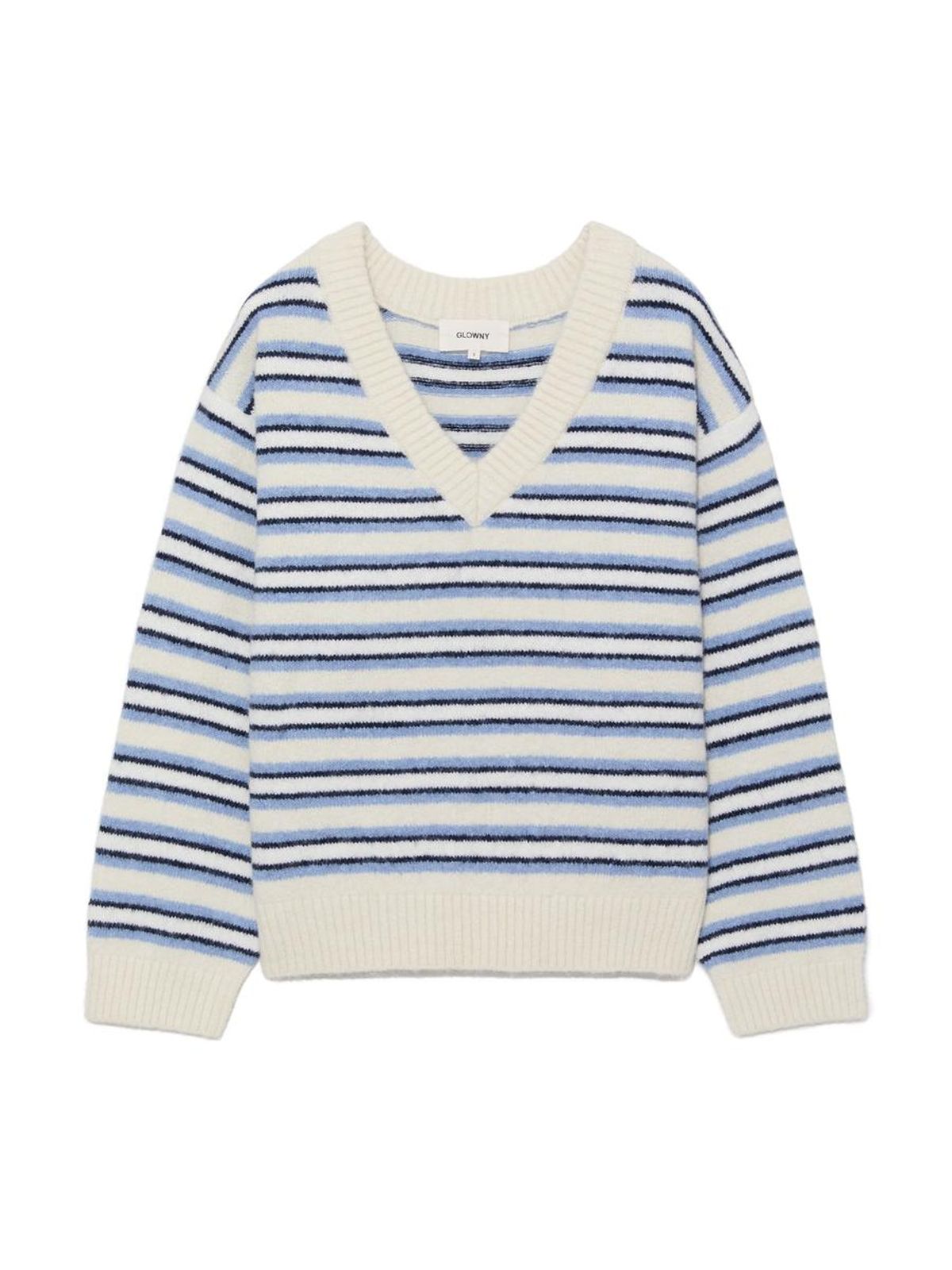글로니(GLOWNY) MELLOW V-NECK STRIPE KNIT (IVORY STRIPE)