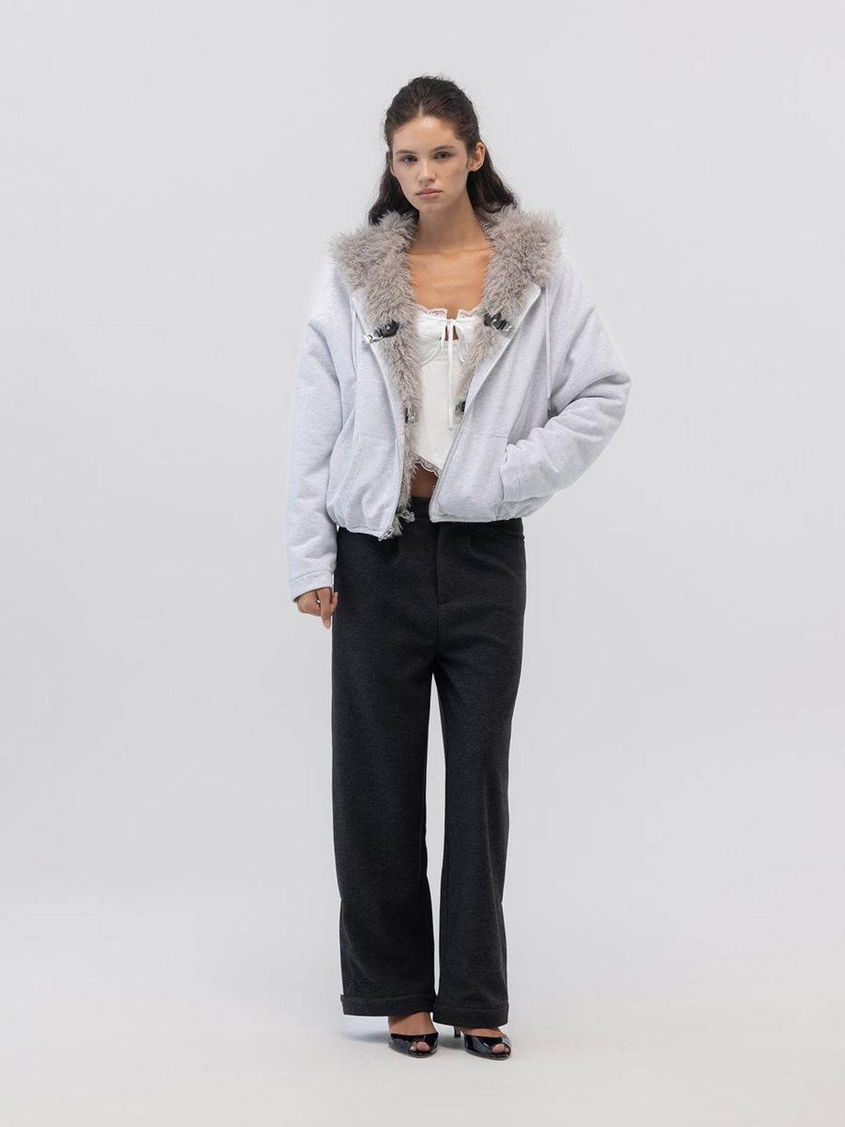 글로니(GLOWNY) FLURRY REVERSIBLE FUR JACKET (MELANGE GRAY)