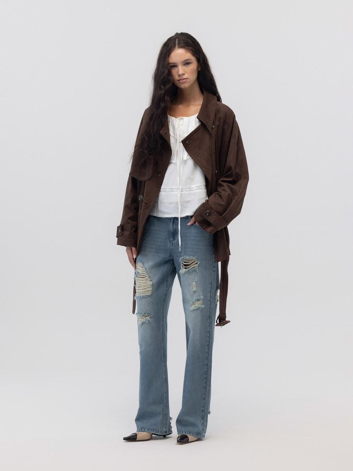 글로니(GLOWNY) MUTE SUEDE TRENCH JACKET (BROWN)