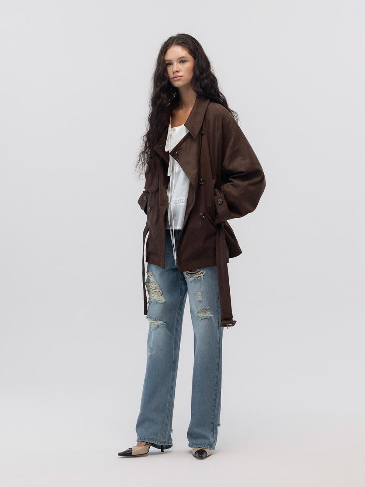 글로니(GLOWNY) MUTE SUEDE TRENCH JACKET (BROWN)