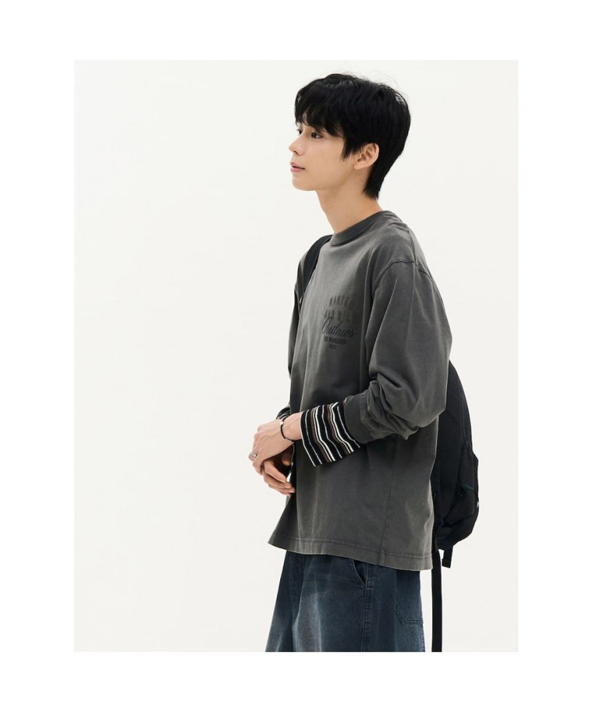 에잇세컨즈(8SECONDS) 가먼트 다잉 와일드 그래픽 긴소매 티  애쉬