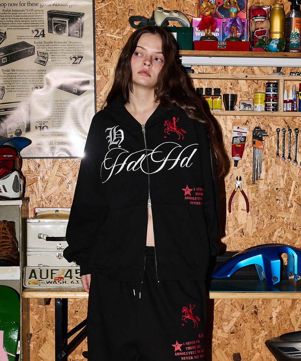 후드후드(HOODHOOD) 88 백 그래픽 스타 후드 집업 블랙