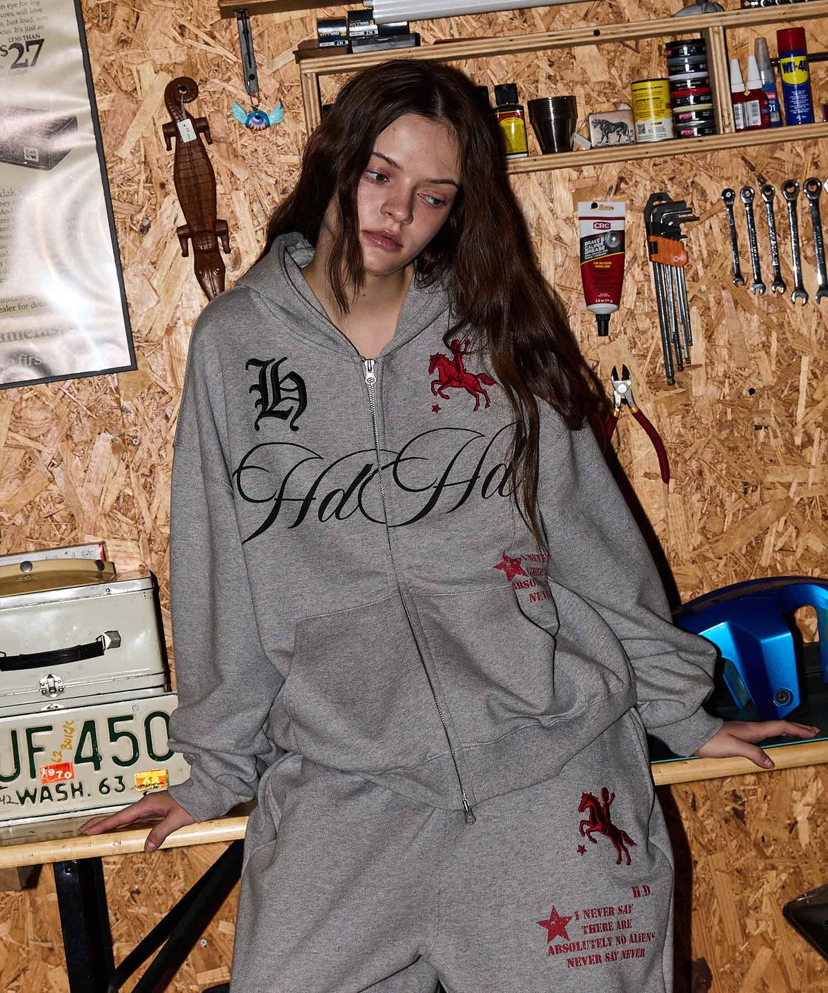 후드후드(HOODHOOD) 88 백 그래픽 스타 후드 집업 멜란지그레이