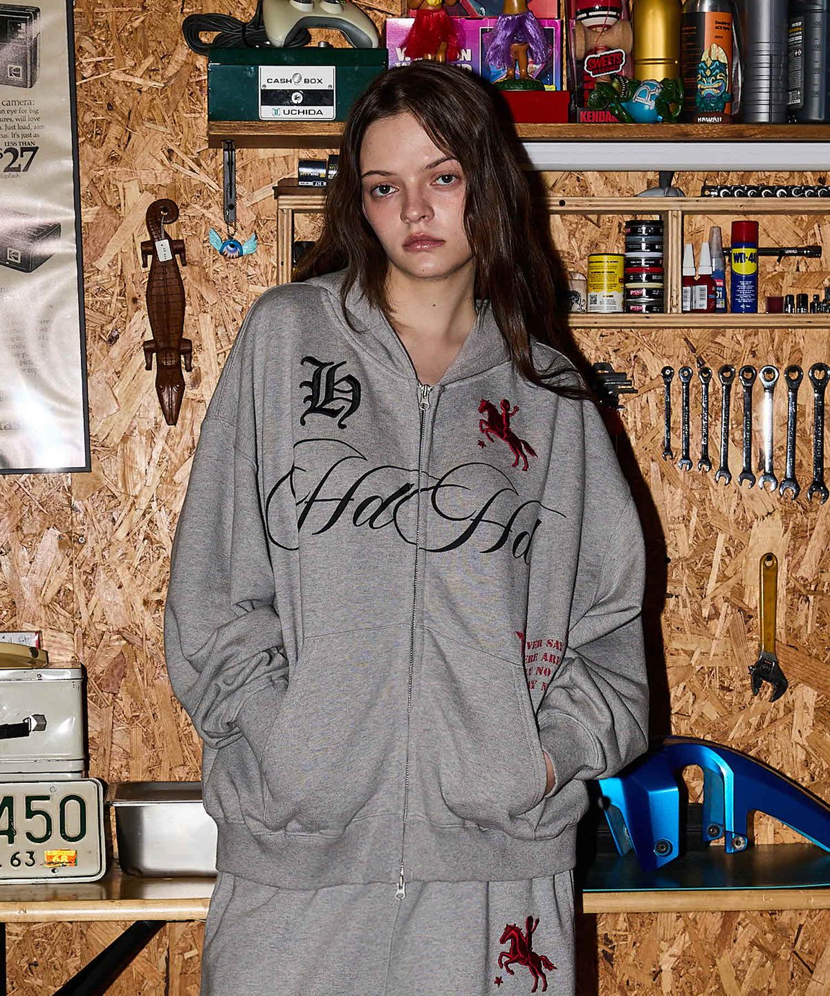 후드후드(HOODHOOD) 88 백 그래픽 스타 후드 집업 멜란지그레이