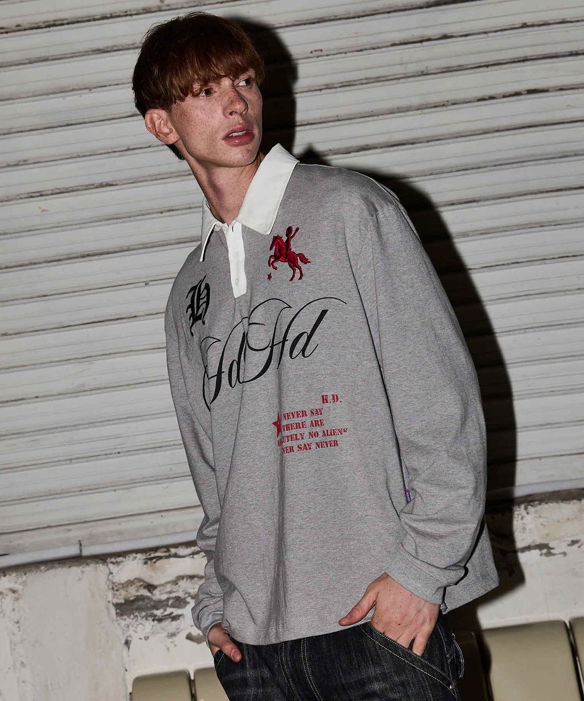 후드후드(HOODHOOD) 럭비 폴로 셔츠 롱슬리브 멜란지그레이