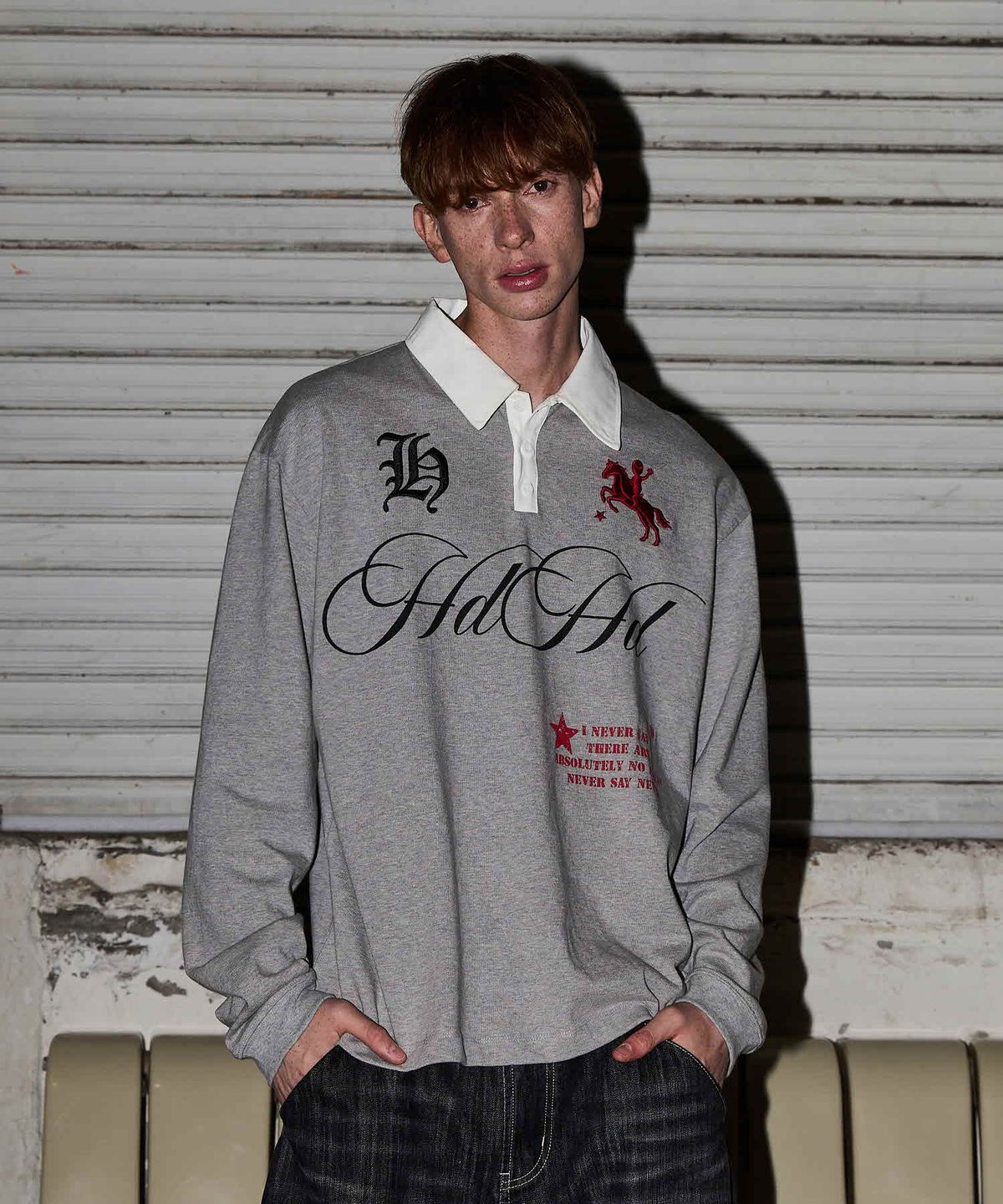 후드후드(HOODHOOD) 럭비 폴로 셔츠 롱슬리브 멜란지그레이