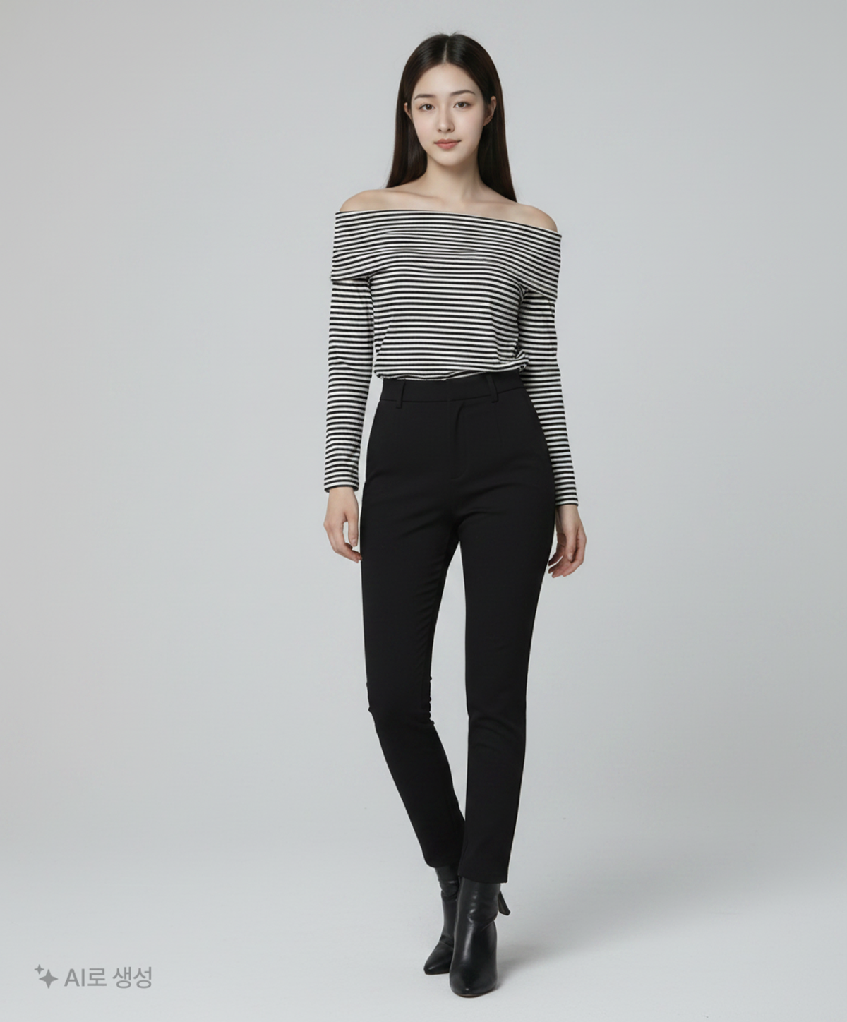 큐리티(CURETTY) C OFF-SHOULDER STRIPE T-SHIRT_BLACK S