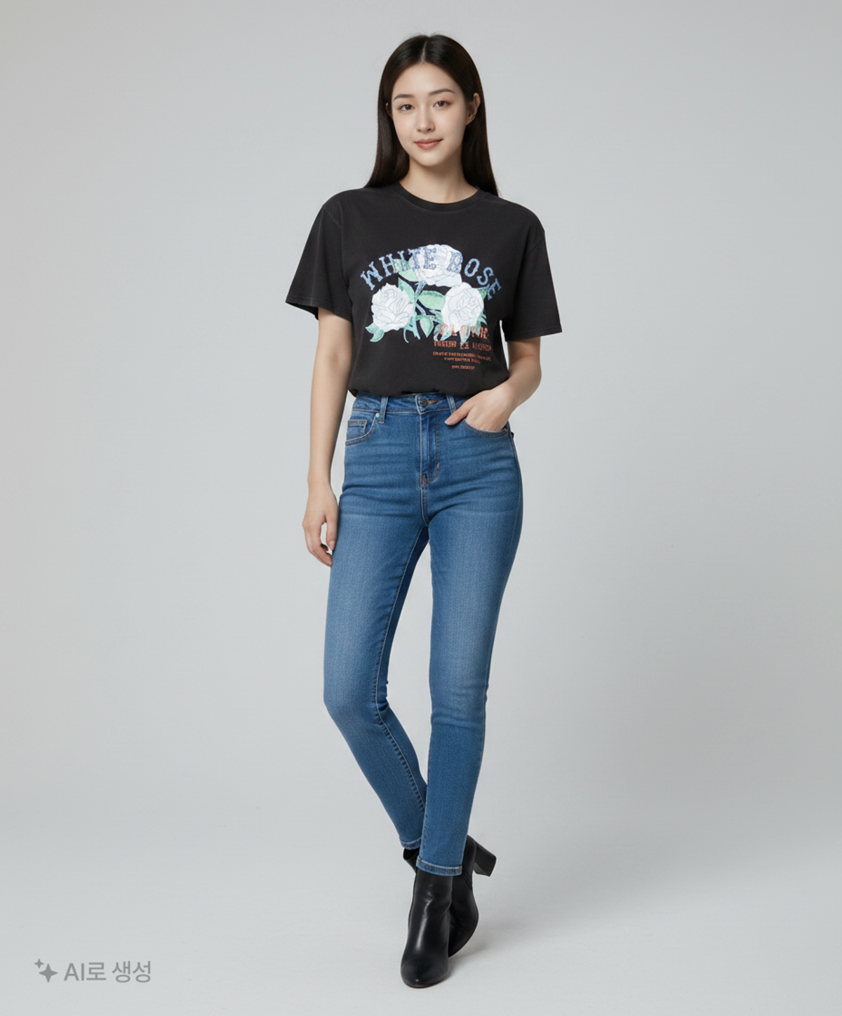 론론(RONRON) WHITE ROSE OVER FIT T-SHIRT BLACK FREE