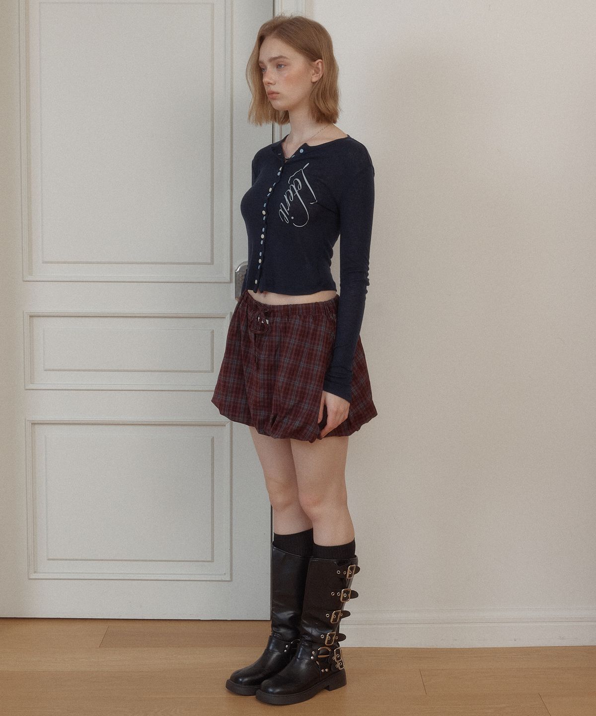 레터리(LETERIE) BALLOON CHECK SKIRT_PURPLE