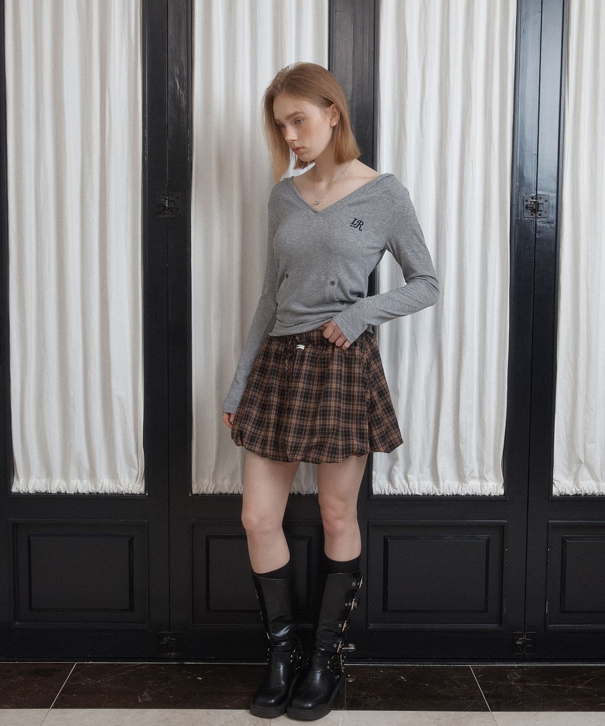 레터리(LETERIE) BALLOON CHECK SKIRT_YELLOW