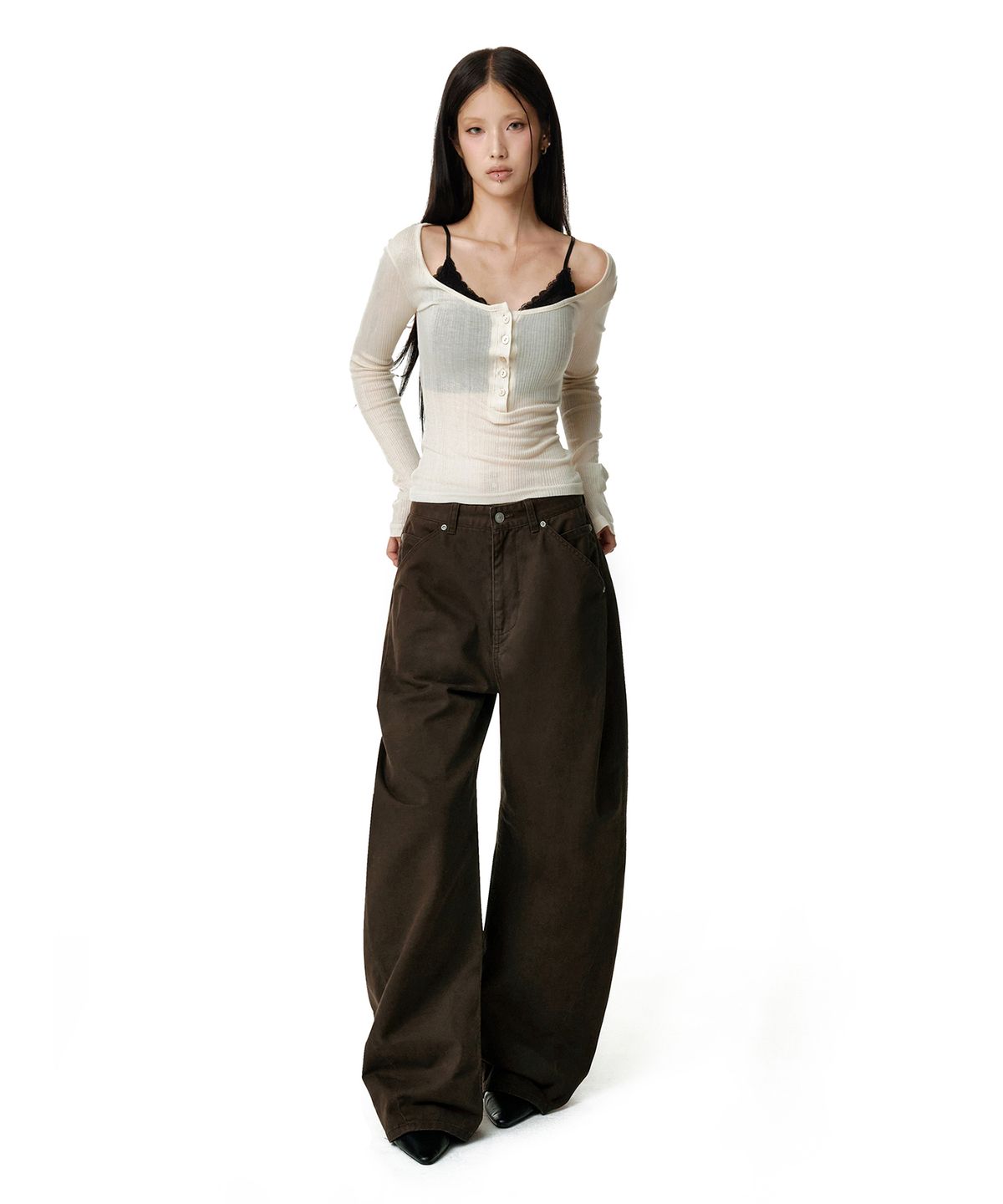 데케트 우먼(DECET WOMEN) Cinchback Barrel Wide Leg Pants DCWPT022BROWN
