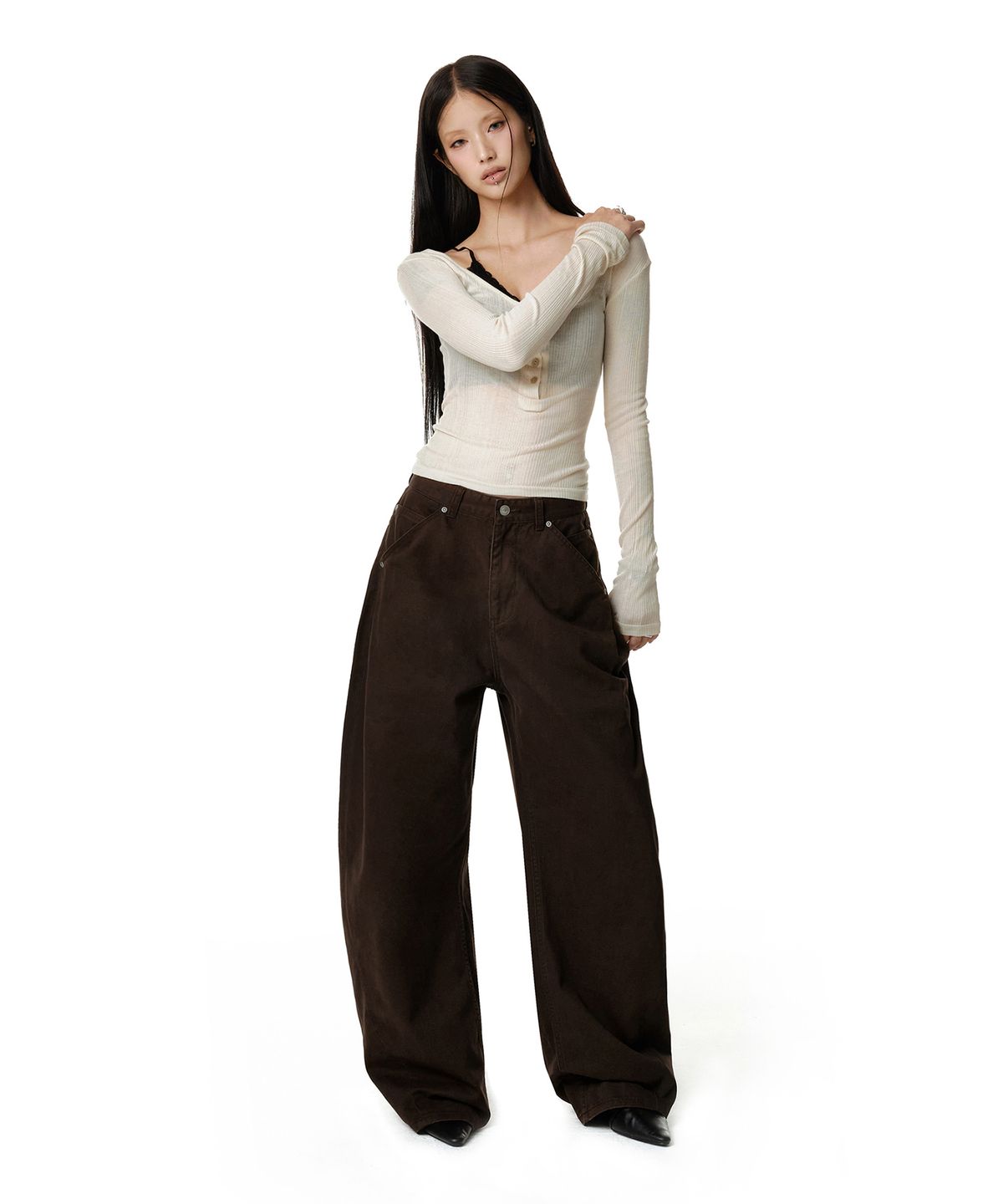 데케트 우먼(DECET WOMEN) Cinchback Barrel Wide Leg Pants DCWPT022BROWN