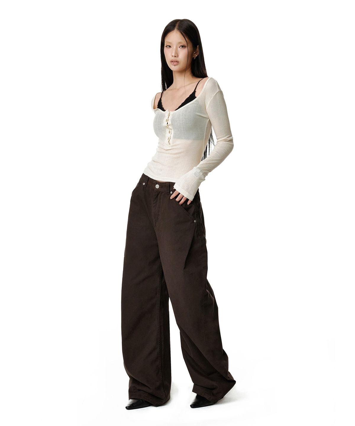 데케트 우먼(DECET WOMEN) Cinchback Barrel Wide Leg Pants DCWPT022BROWN