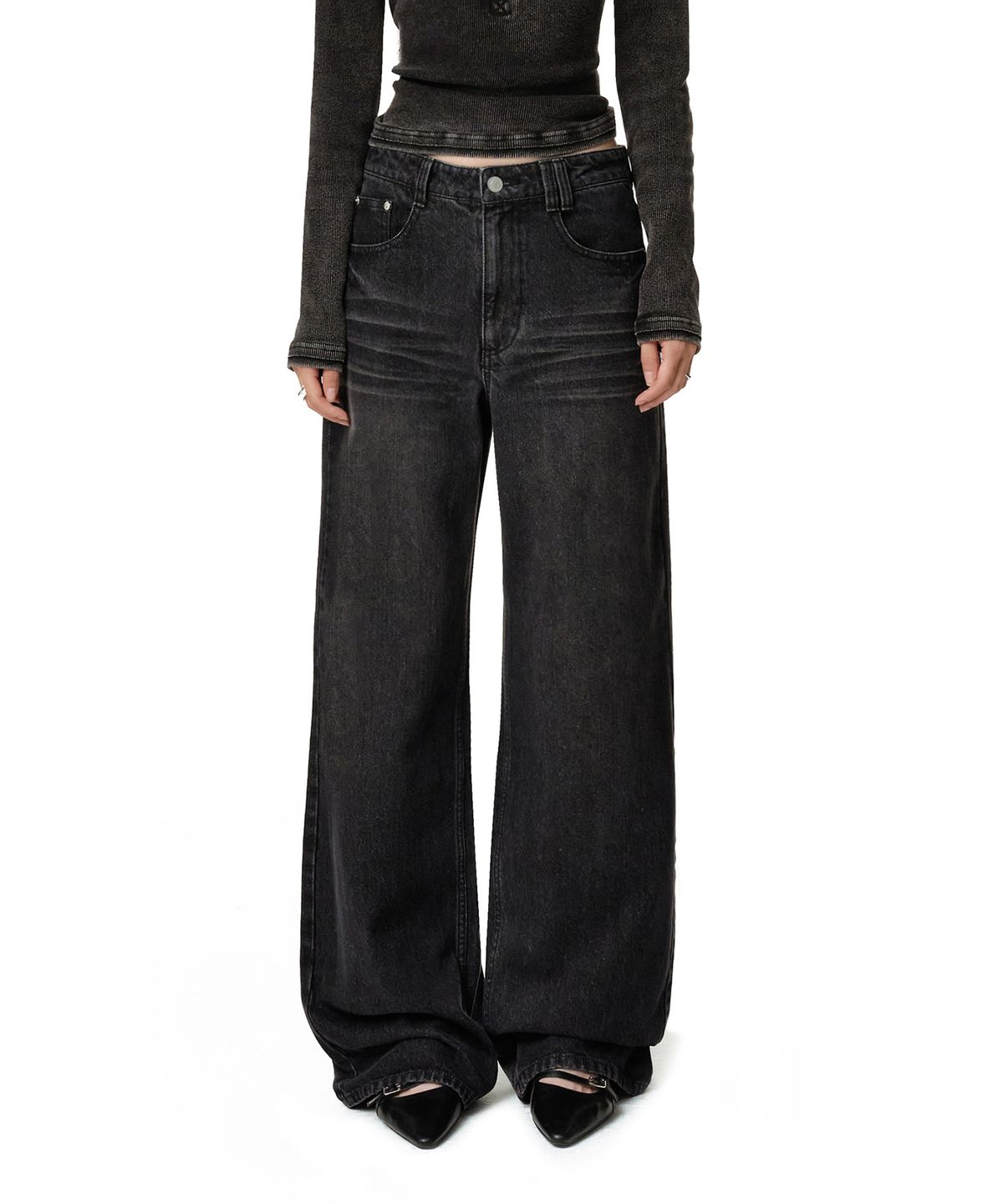 데케트 우먼(DECET WOMEN) Adjustable Back Wide Jeans DCWPT032BLACK