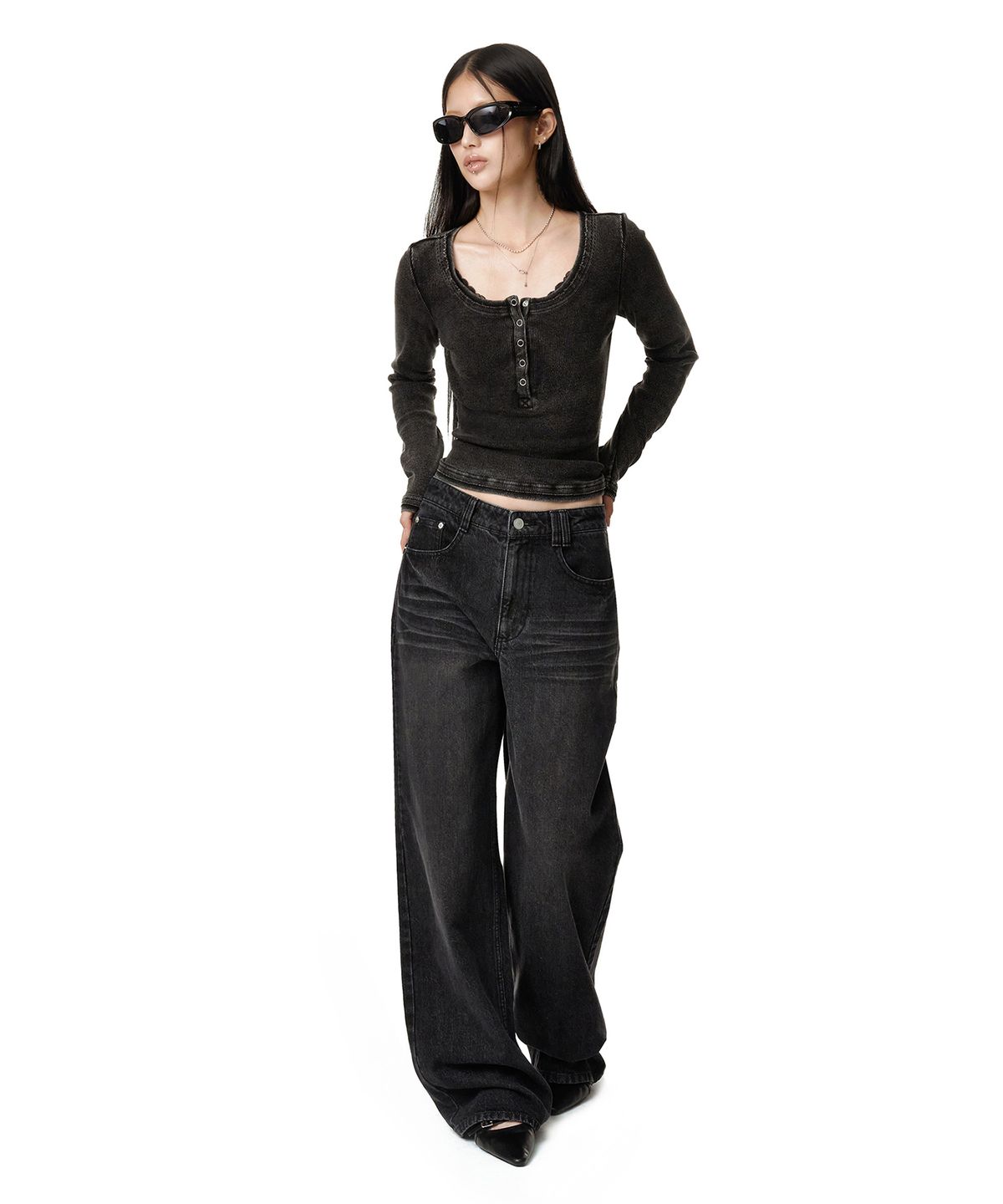 데케트 우먼(DECET WOMEN) Adjustable Back Wide Jeans DCWPT032BLACK