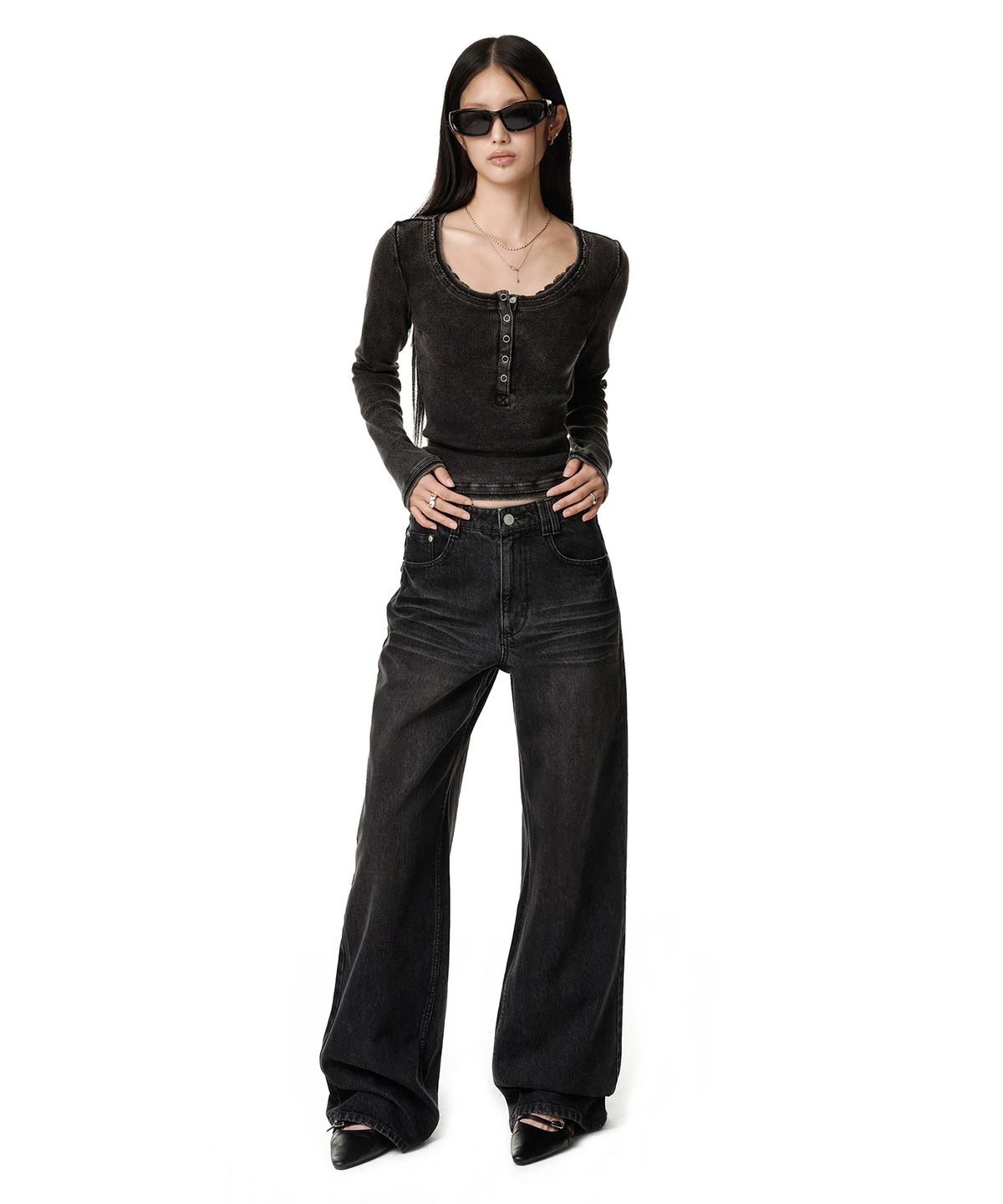 데케트 우먼(DECET WOMEN) Adjustable Back Wide Jeans DCWPT032BLACK
