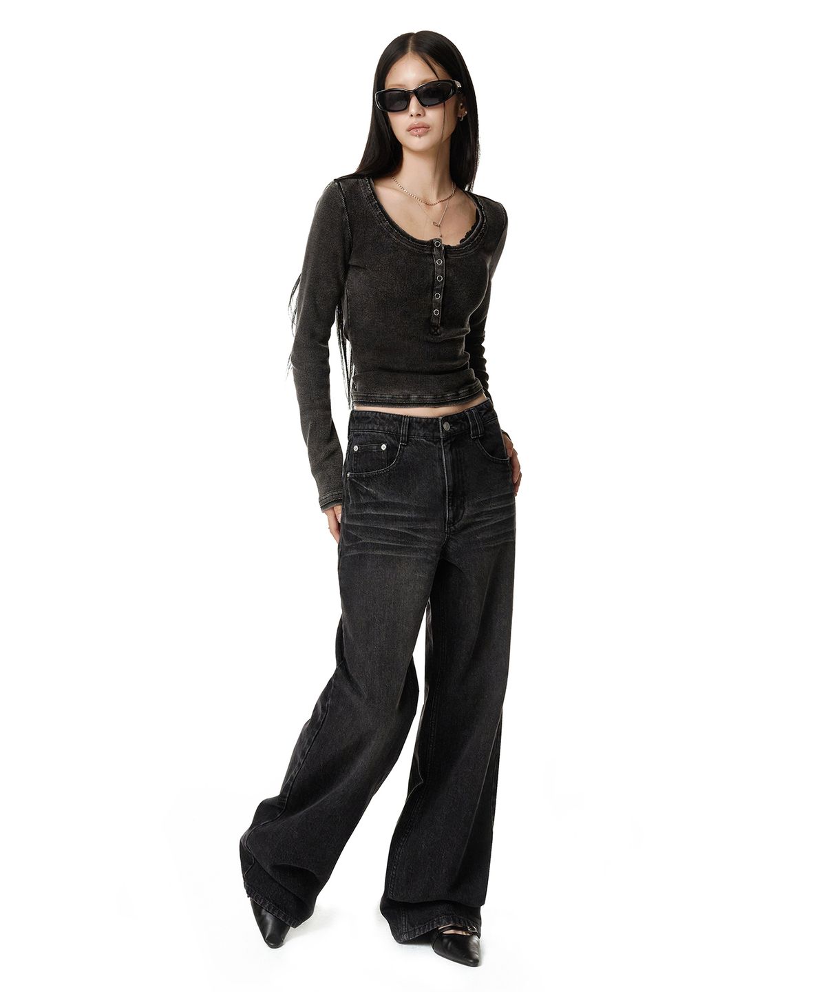 데케트 우먼(DECET WOMEN) Adjustable Back Wide Jeans DCWPT032BLACK