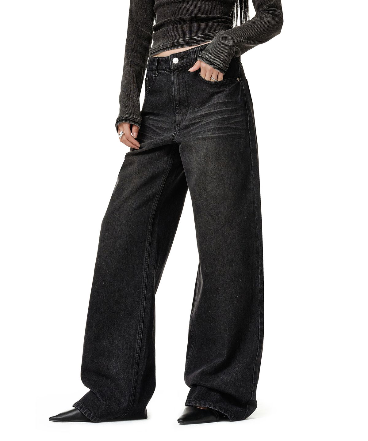 데케트 우먼(DECET WOMEN) Adjustable Back Wide Jeans DCWPT032BLACK