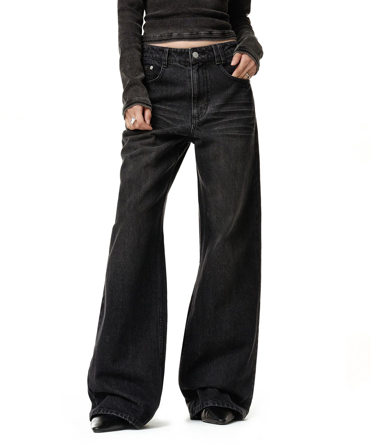 데케트 우먼(DECET WOMEN) Adjustable Back Wide Jeans DCWPT032BLACK