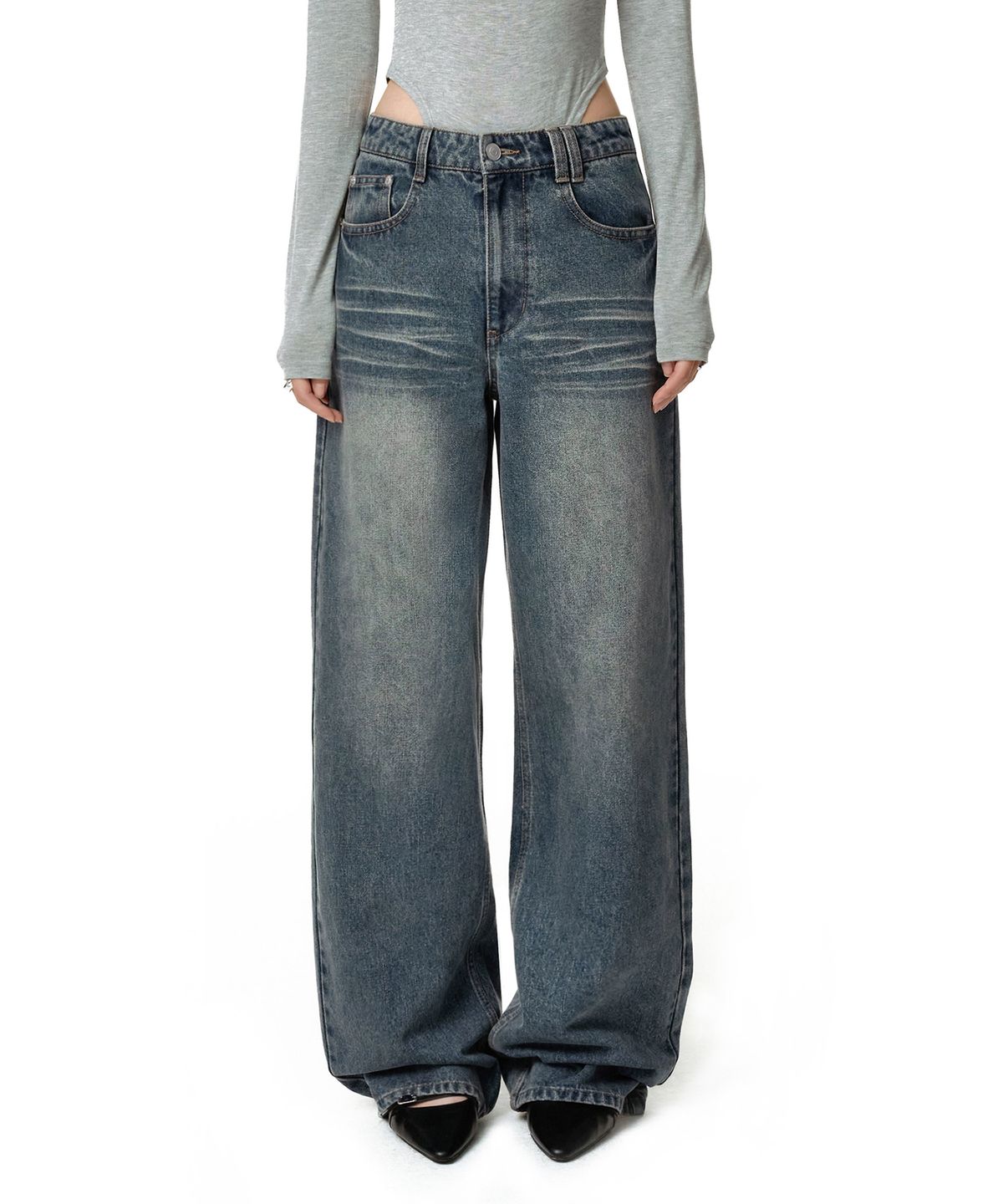 데케트 우먼(DECET WOMEN) Adjustable Back Wide Jeans DCWPT032BLUE