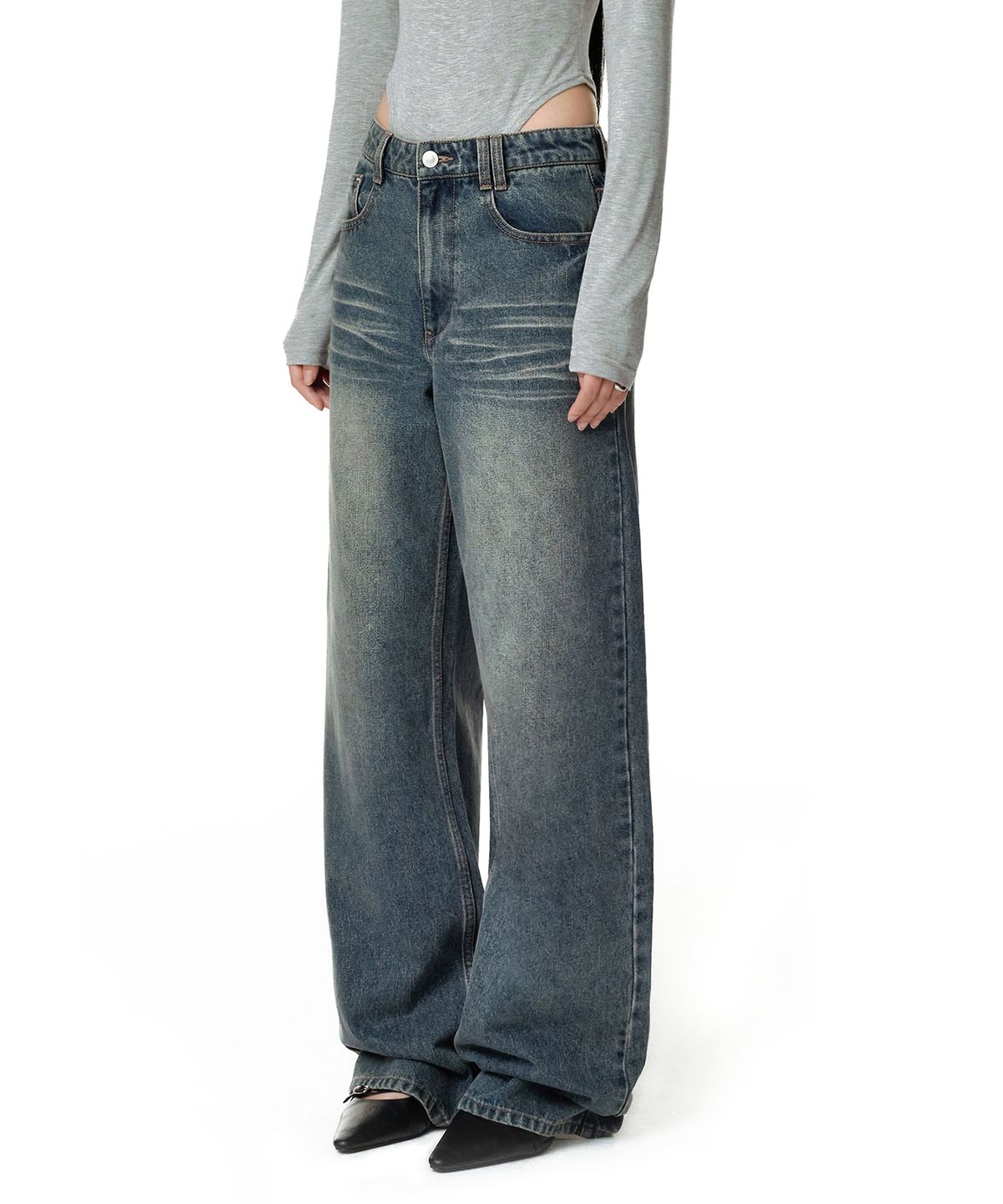 데케트 우먼(DECET WOMEN) Adjustable Back Wide Jeans DCWPT032BLUE