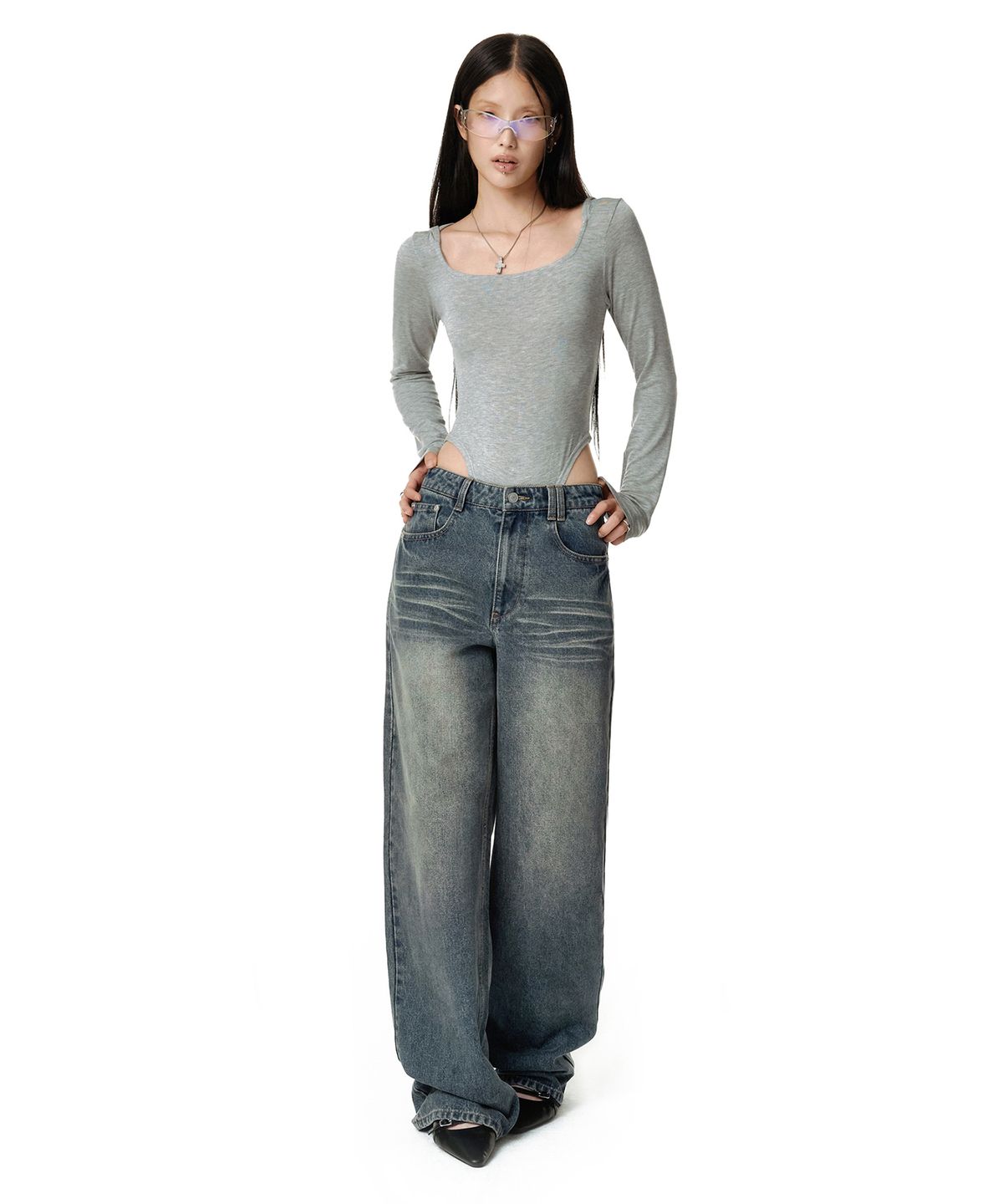 데케트 우먼(DECET WOMEN) Adjustable Back Wide Jeans DCWPT032BLUE