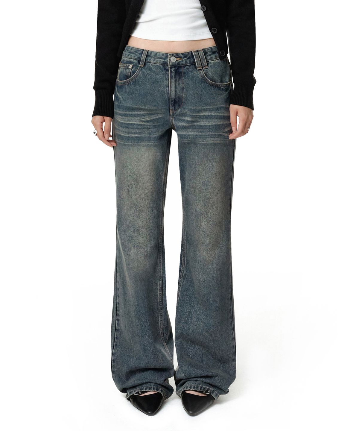 데케트 우먼(DECET WOMEN) Adjustable Back Low Rise Relaxed Flared Jeans DCWPT031BLUE