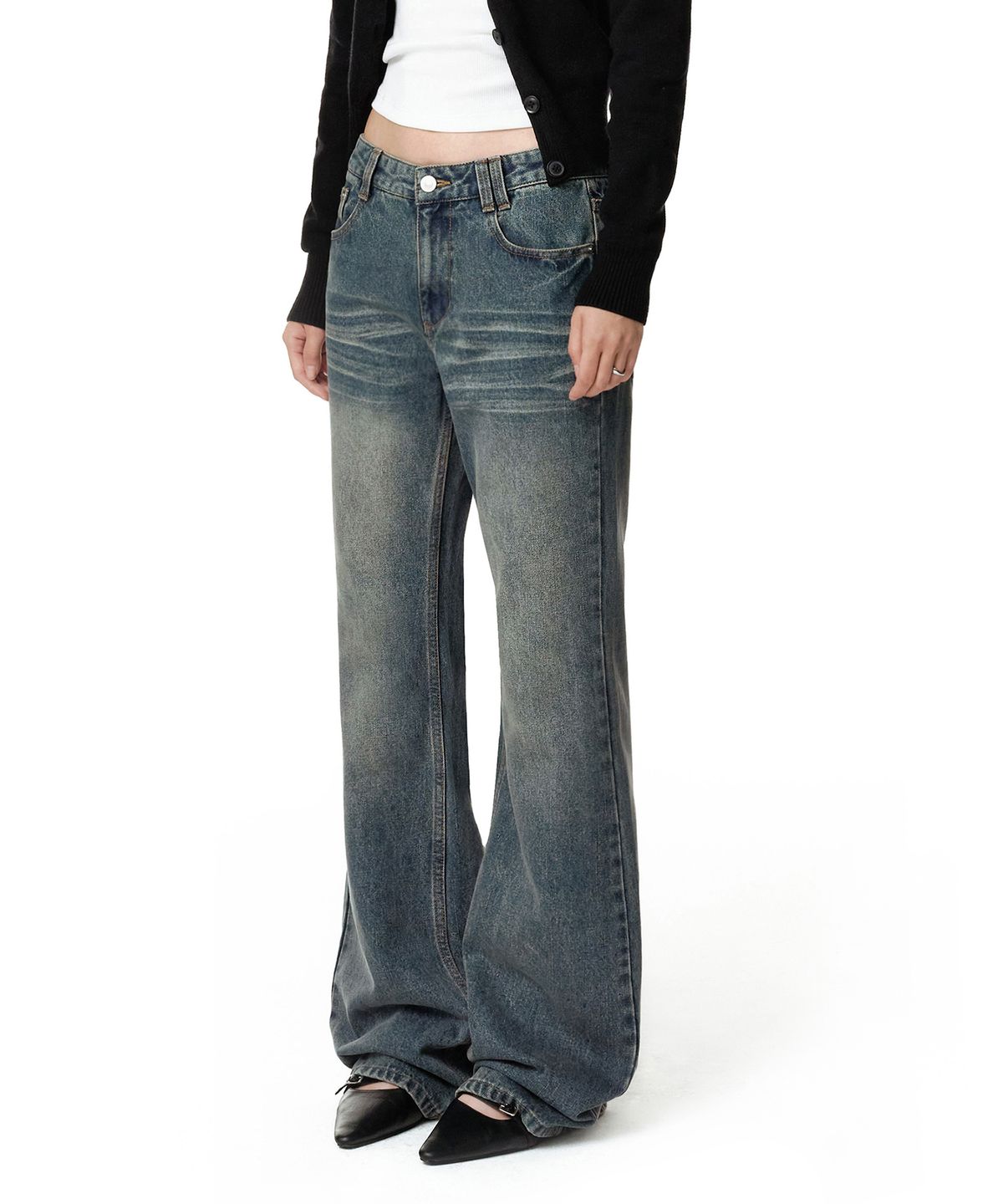 데케트 우먼(DECET WOMEN) Adjustable Back Low Rise Relaxed Flared Jeans DCWPT031BLUE