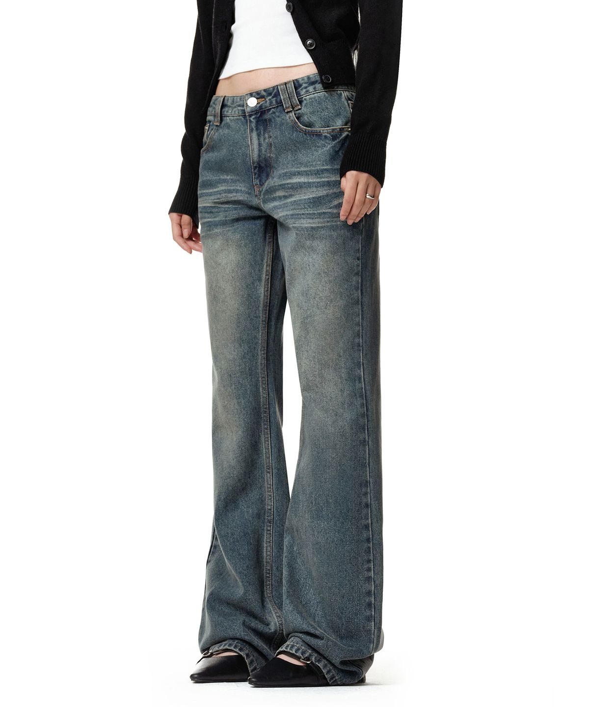 데케트 우먼(DECET WOMEN) Adjustable Back Low Rise Relaxed Flared Jeans DCWPT031BLUE