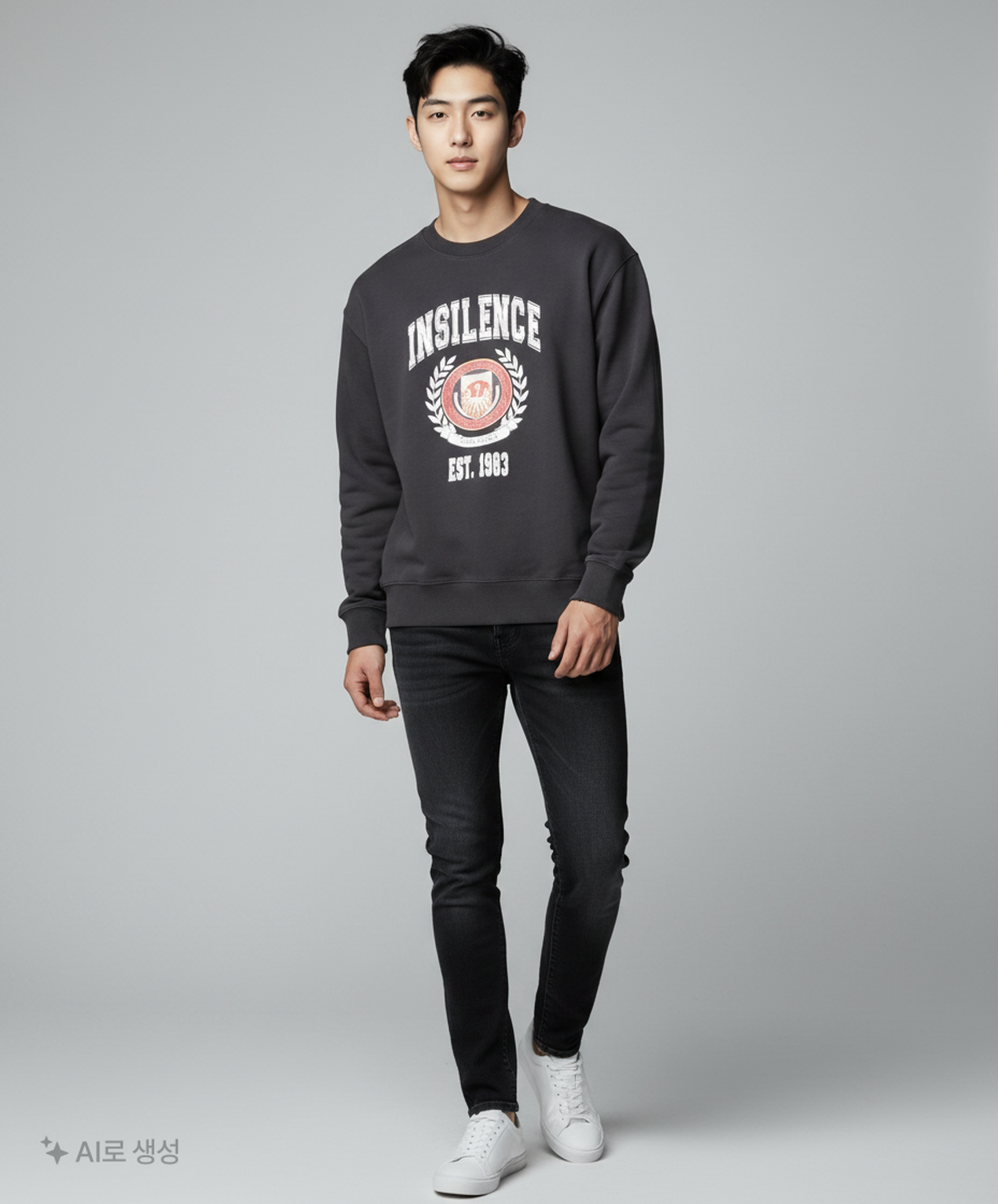 인사일런스(INSILENCE) [UNISEX] 엠블럼 오버핏 스웨트셔츠 WASHED BLACK FREE
