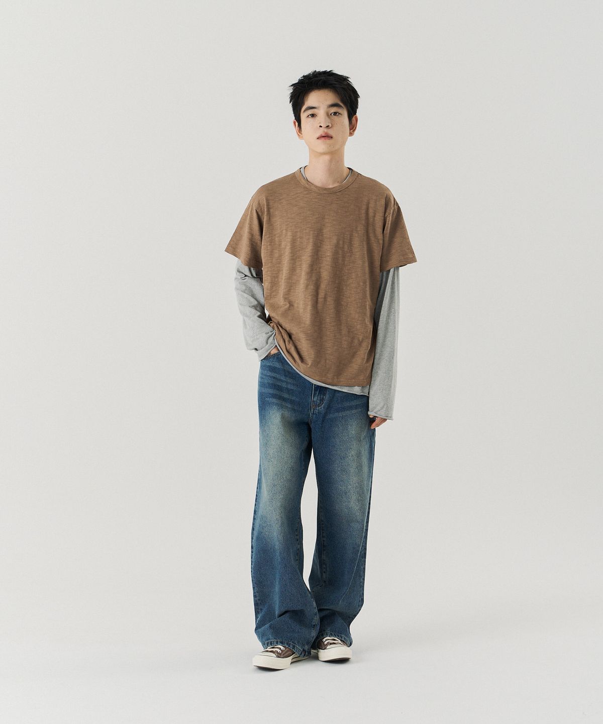피에스쇼퍼(PSSHOPPER) 세미 크롭 슬럽 빈티지 반팔 티셔츠 [워시드 브라운]