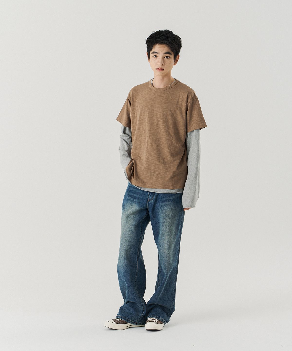 피에스쇼퍼(PSSHOPPER) 세미 크롭 슬럽 빈티지 반팔 티셔츠 [워시드 브라운]