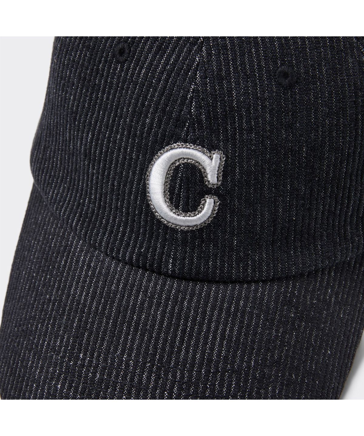 커스텀멜로우(CUSTOMELLOW) 블랙 데님 스트라이프 볼캡 CARAX26512BKX