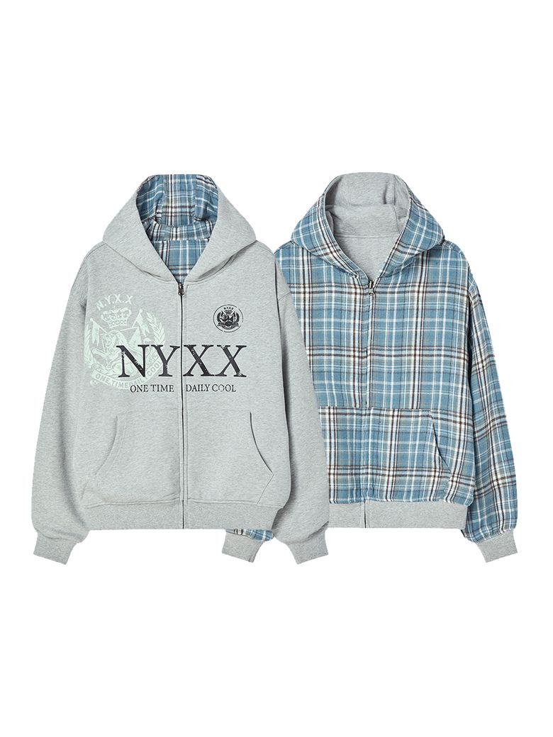 REVERSIBLE CHECK HOOD ZIP-UP GREY