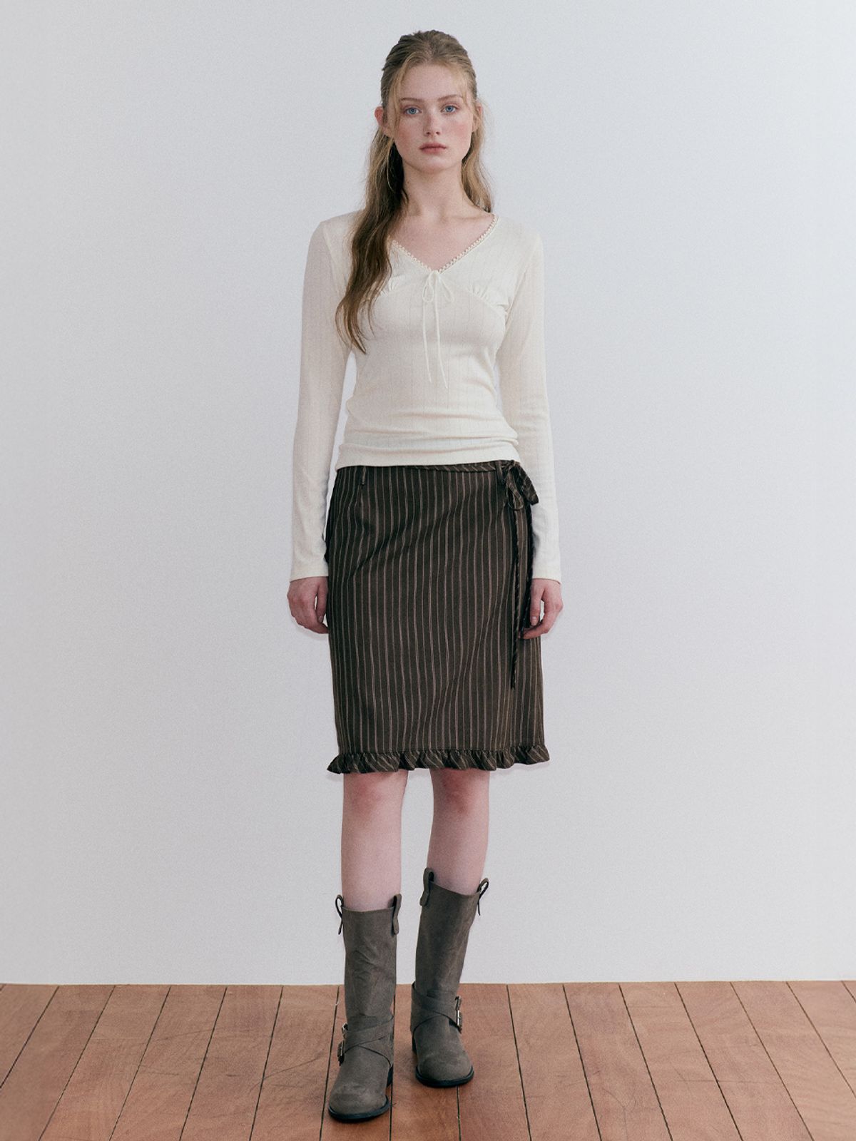 에트몽(ETMON) Frill Midi Skirt, Brown