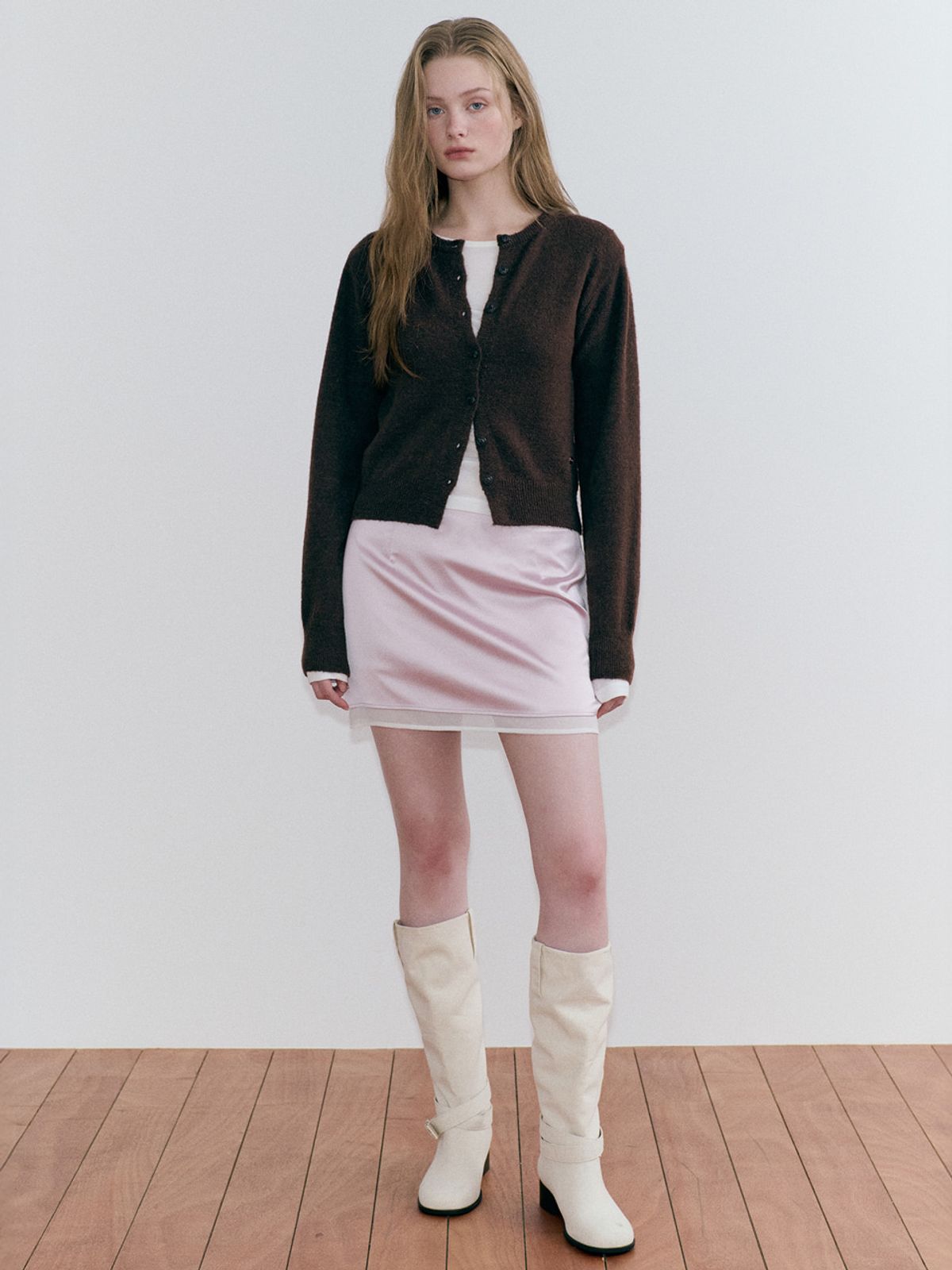 에트몽(ETMON) Basic Round Knit Cardigan, Brown