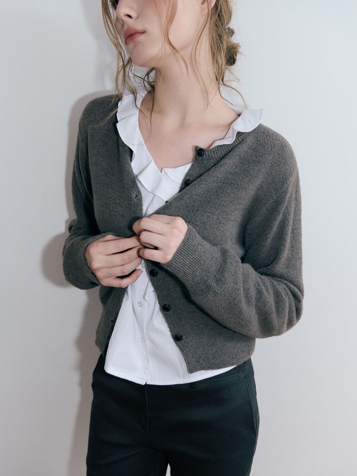 에트몽(ETMON) Basic Round Knit Cardigan, Charcoal