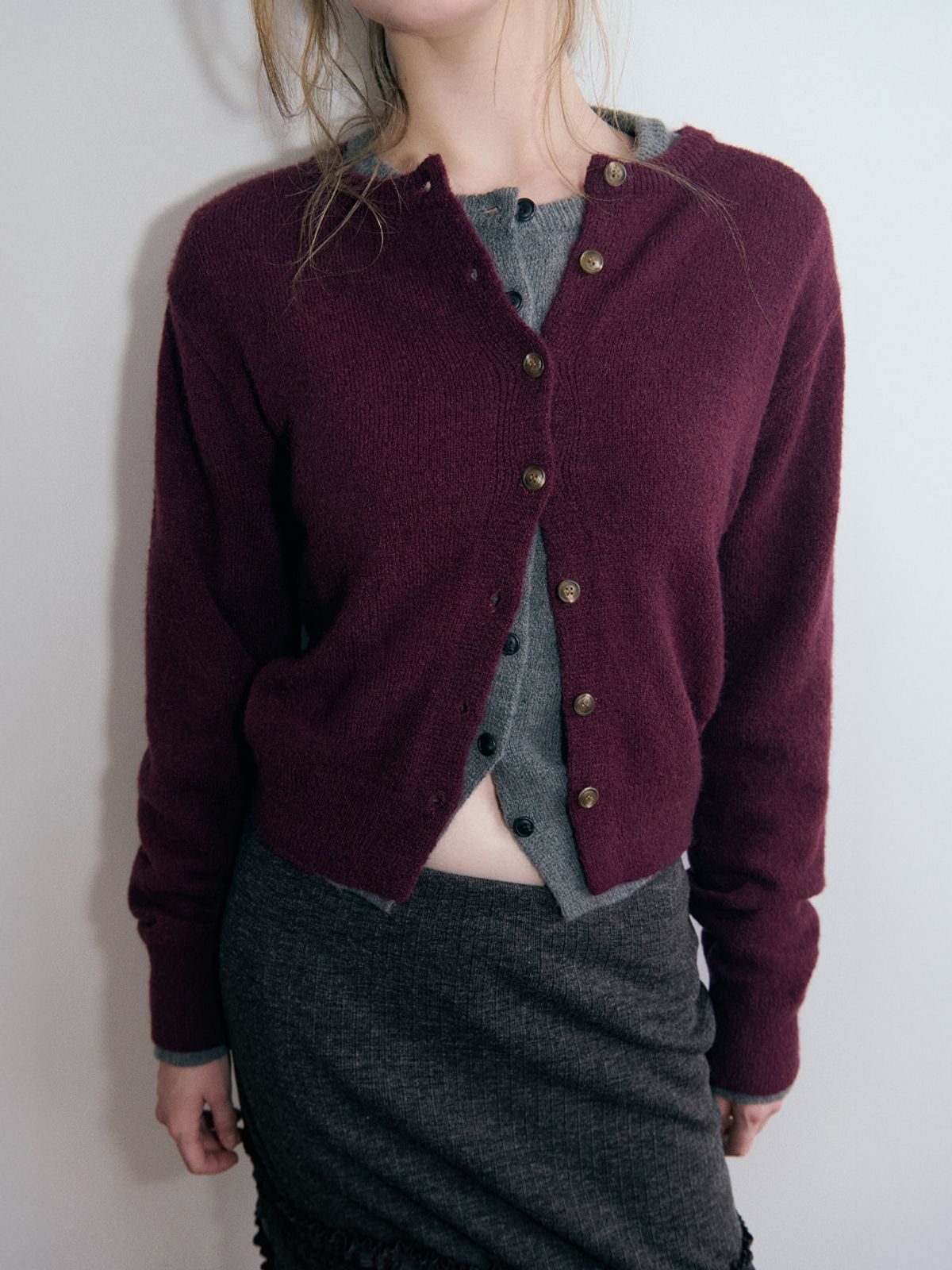 에트몽(ETMON) Basic Round Knit Cardigan, Purple