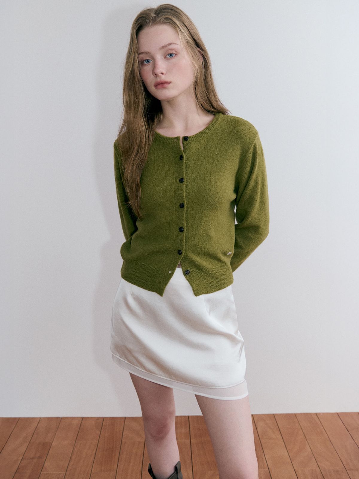 에트몽(ETMON) Basic Round Knit Cardigan, Olive