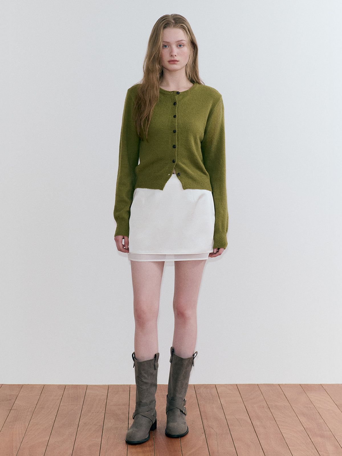 에트몽(ETMON) Basic Round Knit Cardigan, Olive
