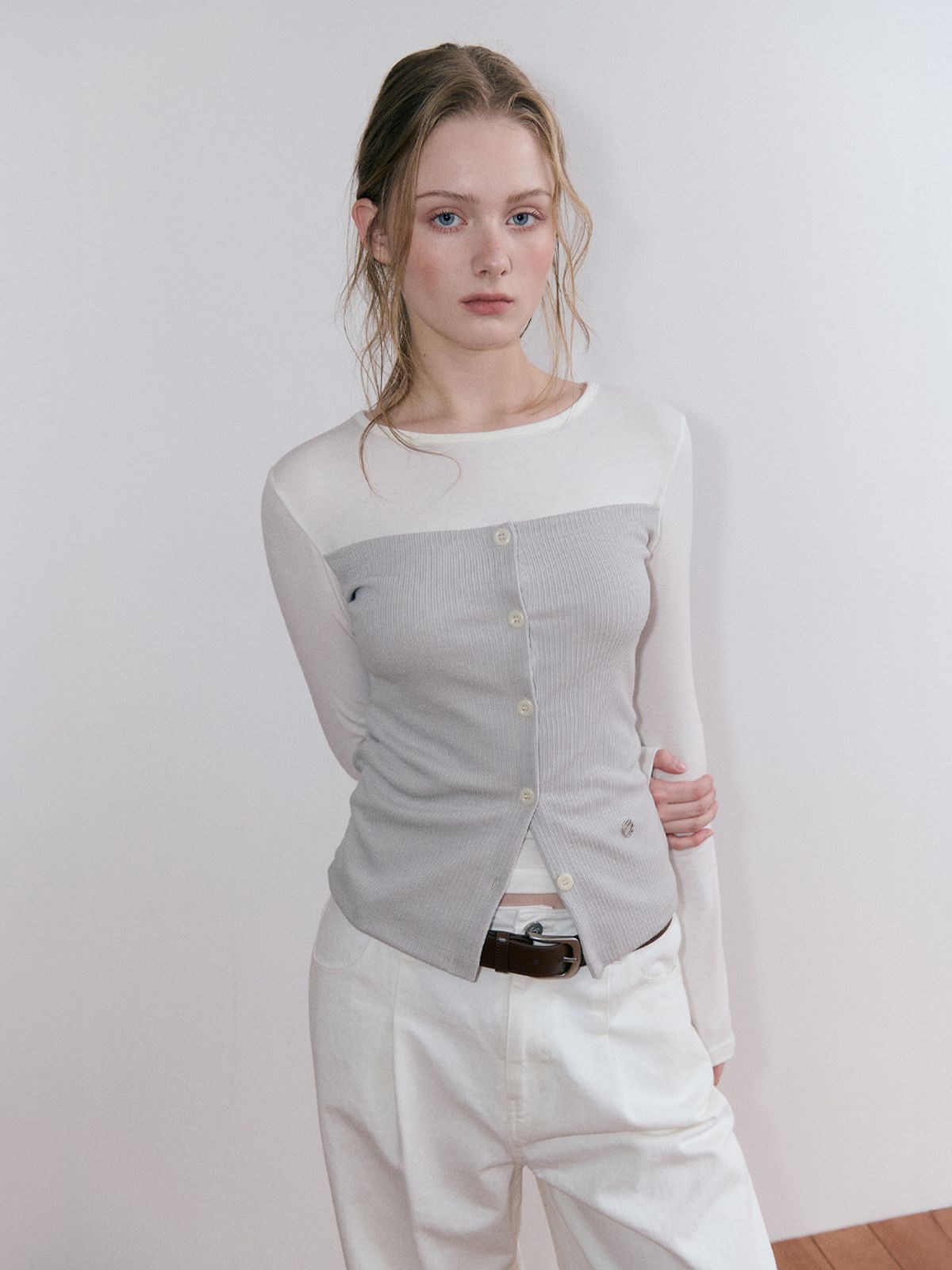 에트몽(ETMON) Ribbed Button Layered T-Shirt, Ash Beige
