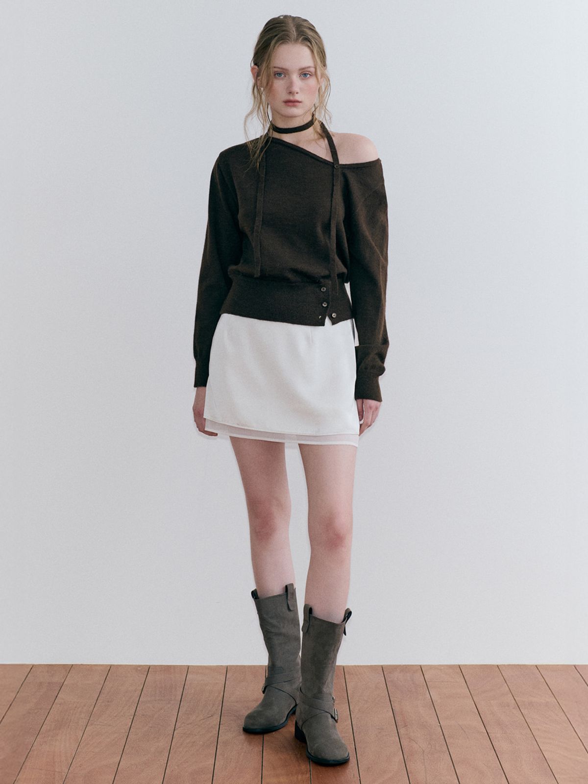 에트몽(ETMON) Layered Hem Mini Skirt, Cream