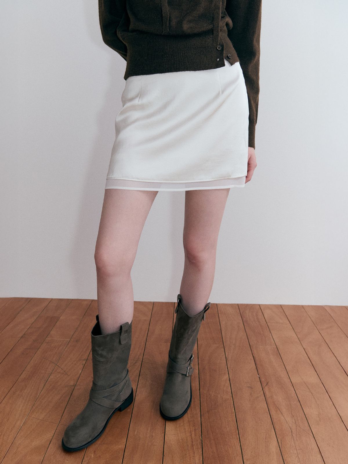 에트몽(ETMON) Layered Hem Mini Skirt, Cream