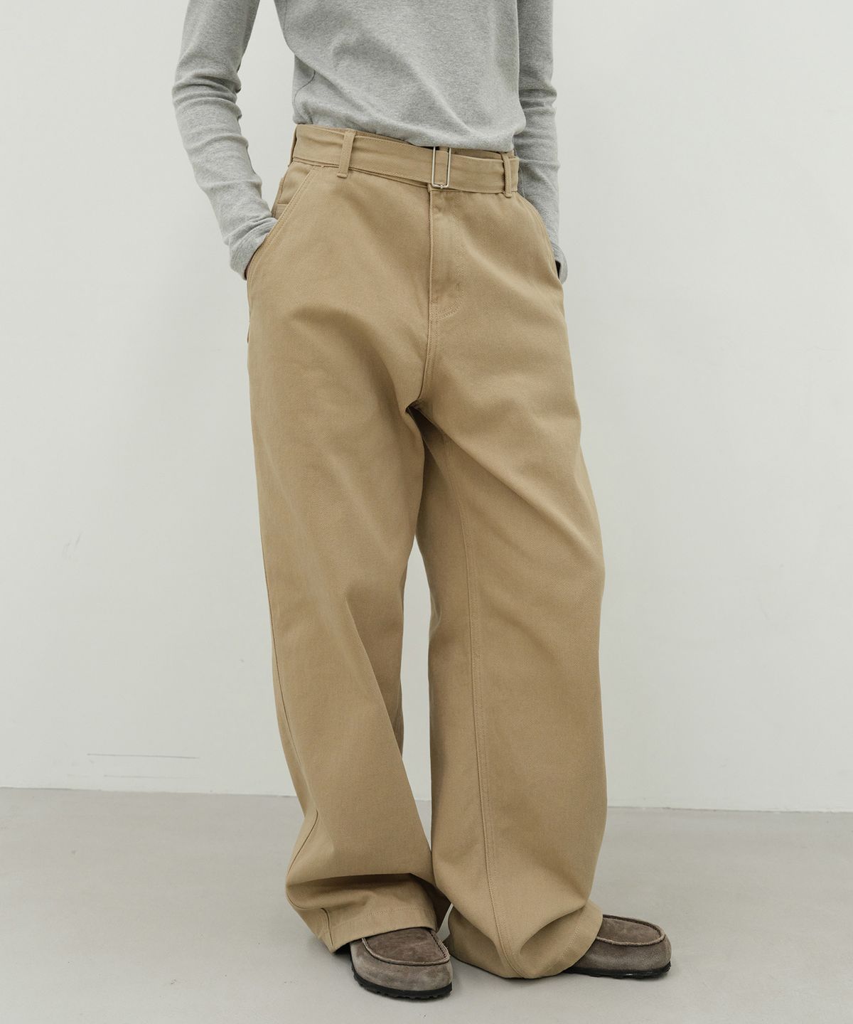 르바(LEVAR) Belted Wide Barrel Denim - Camel Beige