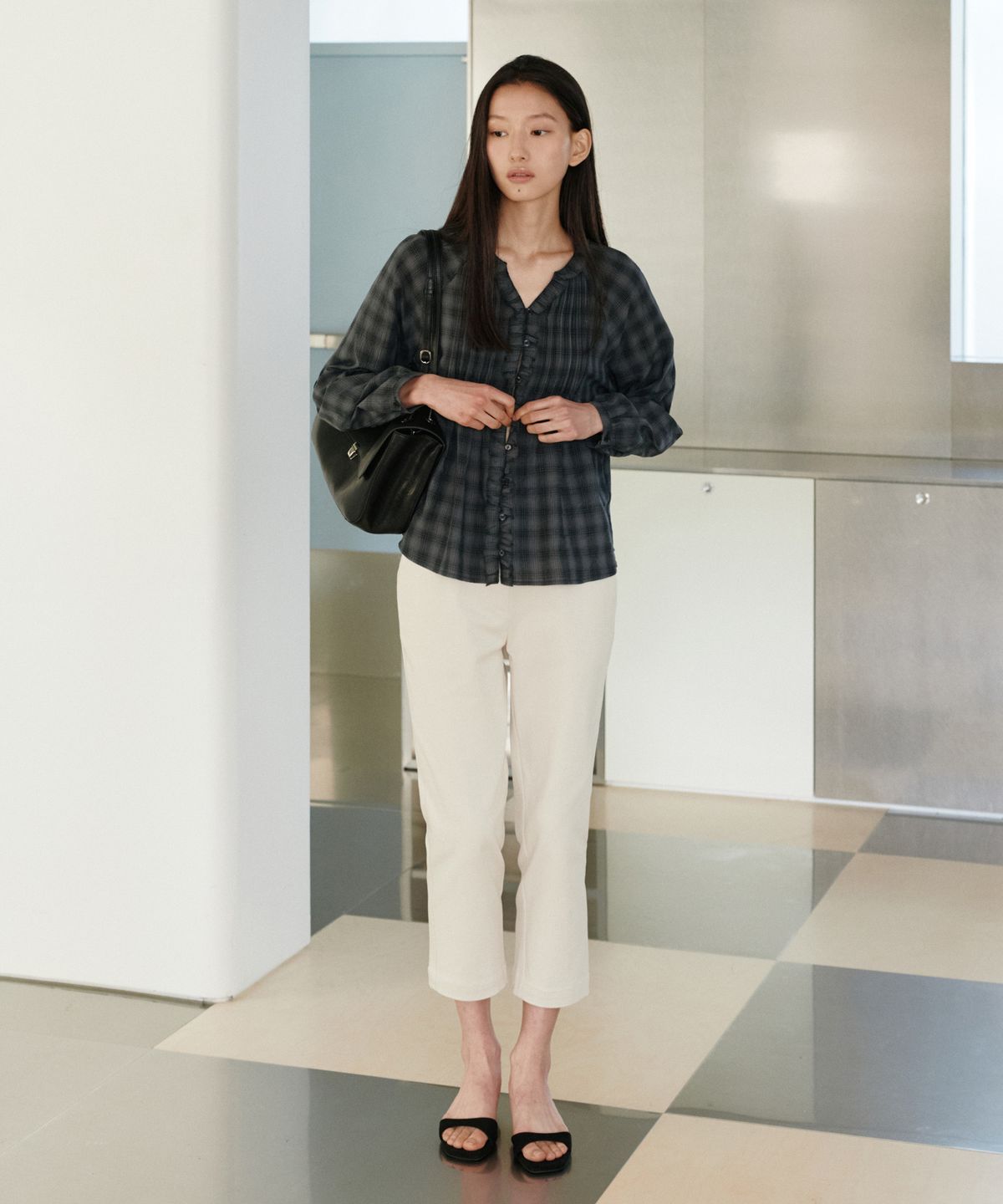 유라고(URAGO) Check frill pintuck blouse_2colors