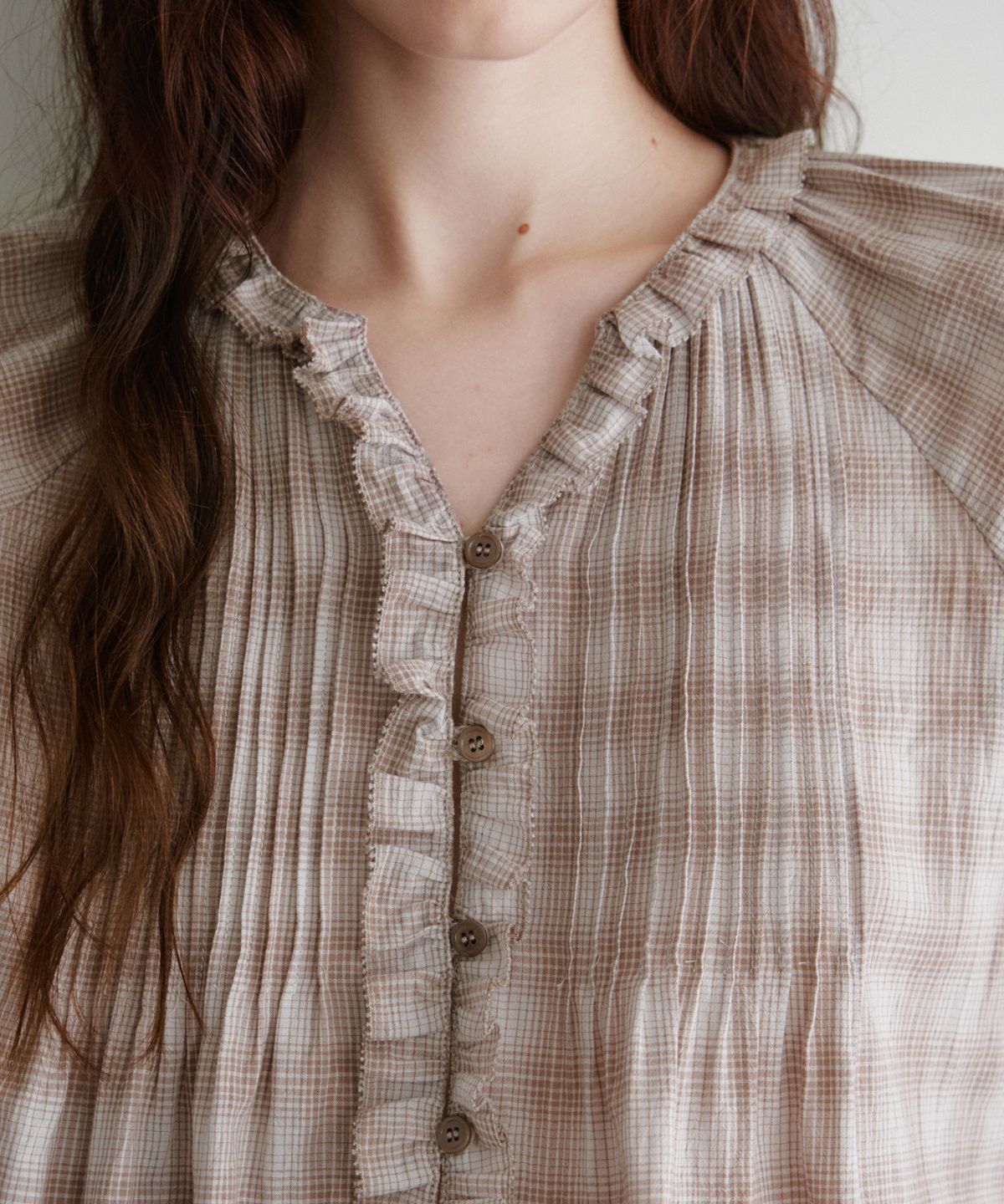 유라고(URAGO) Check frill pintuck blouse_2colors