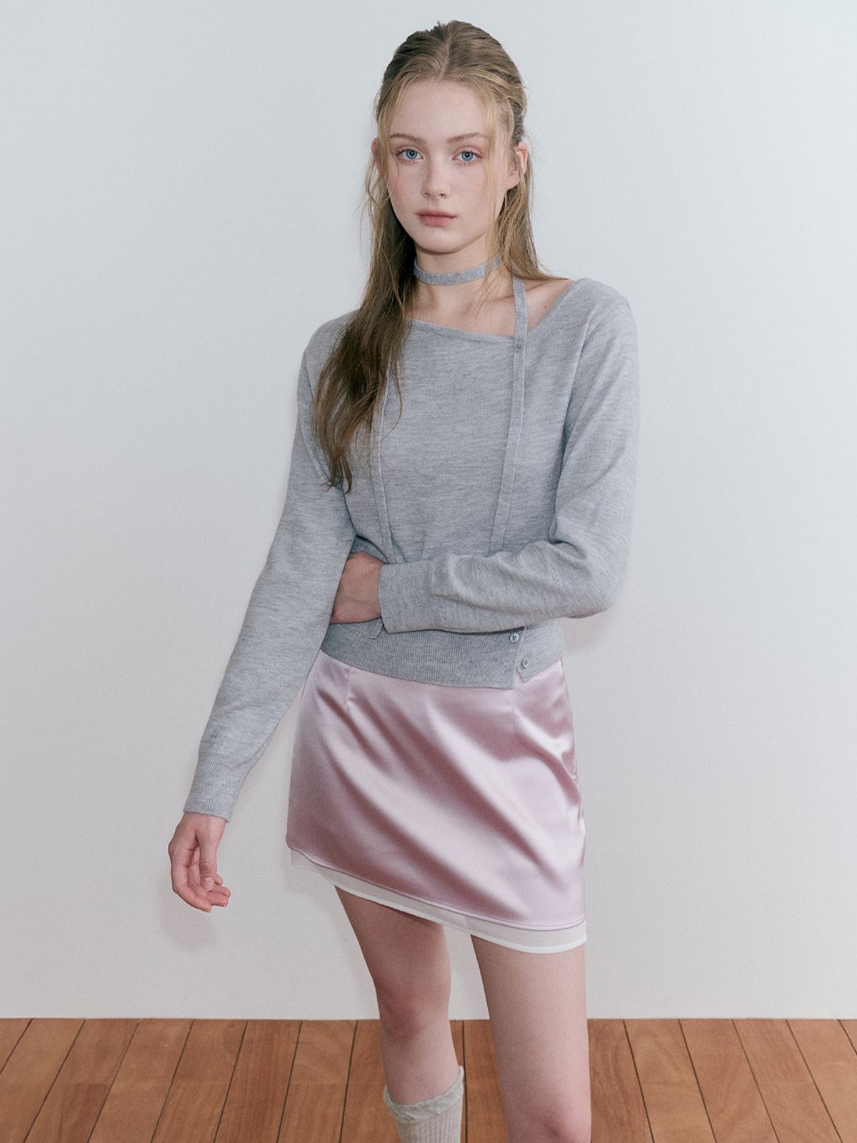 에트몽(ETMON) Oblique Strap Knit Pullover, Melange Grey