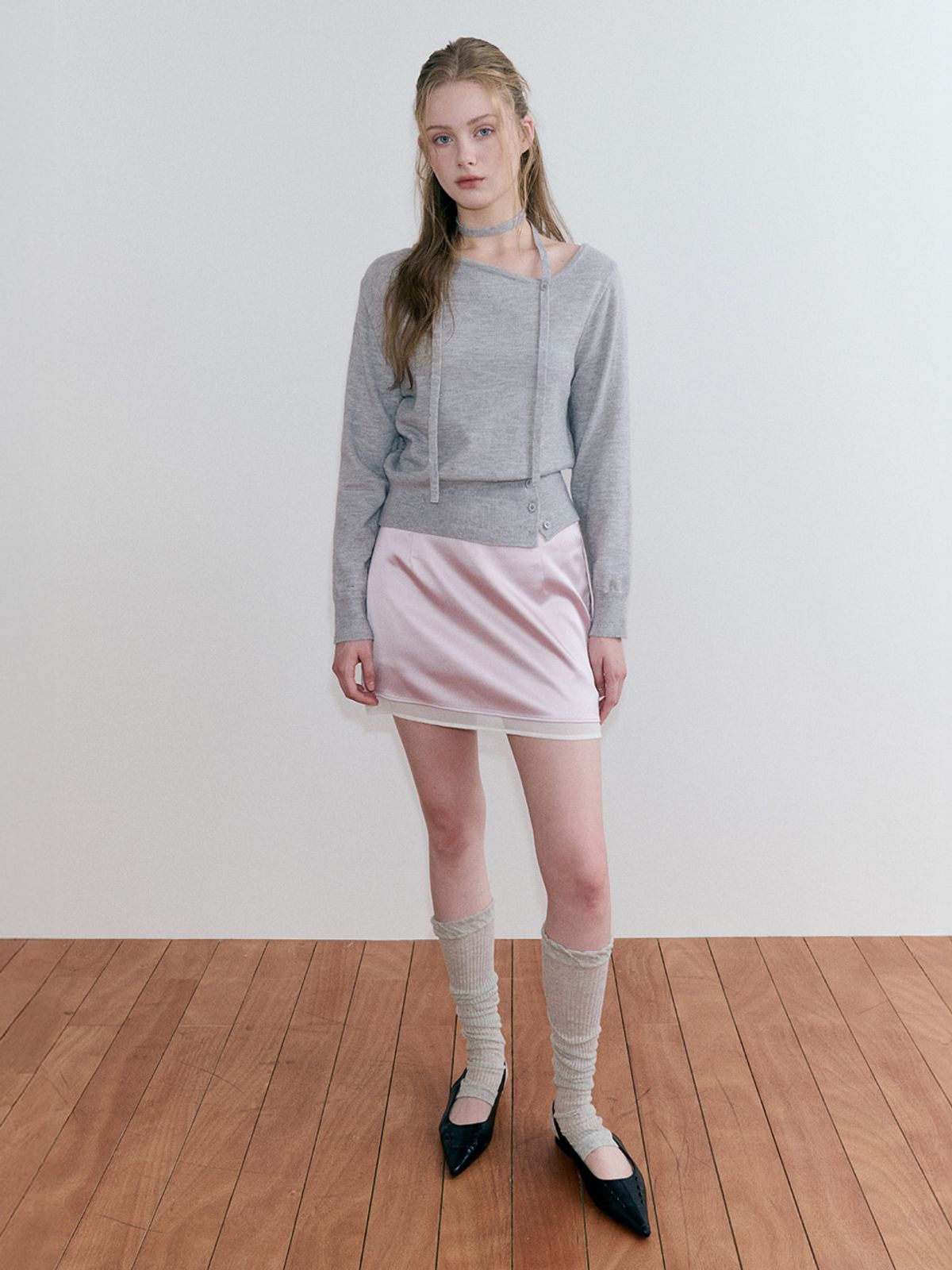 에트몽(ETMON) Oblique Strap Knit Pullover, Melange Grey