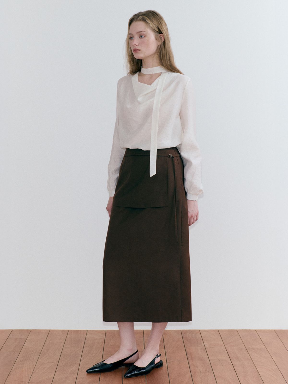 에트몽(ETMON) Buckle Strap Layered Skirt, Brown