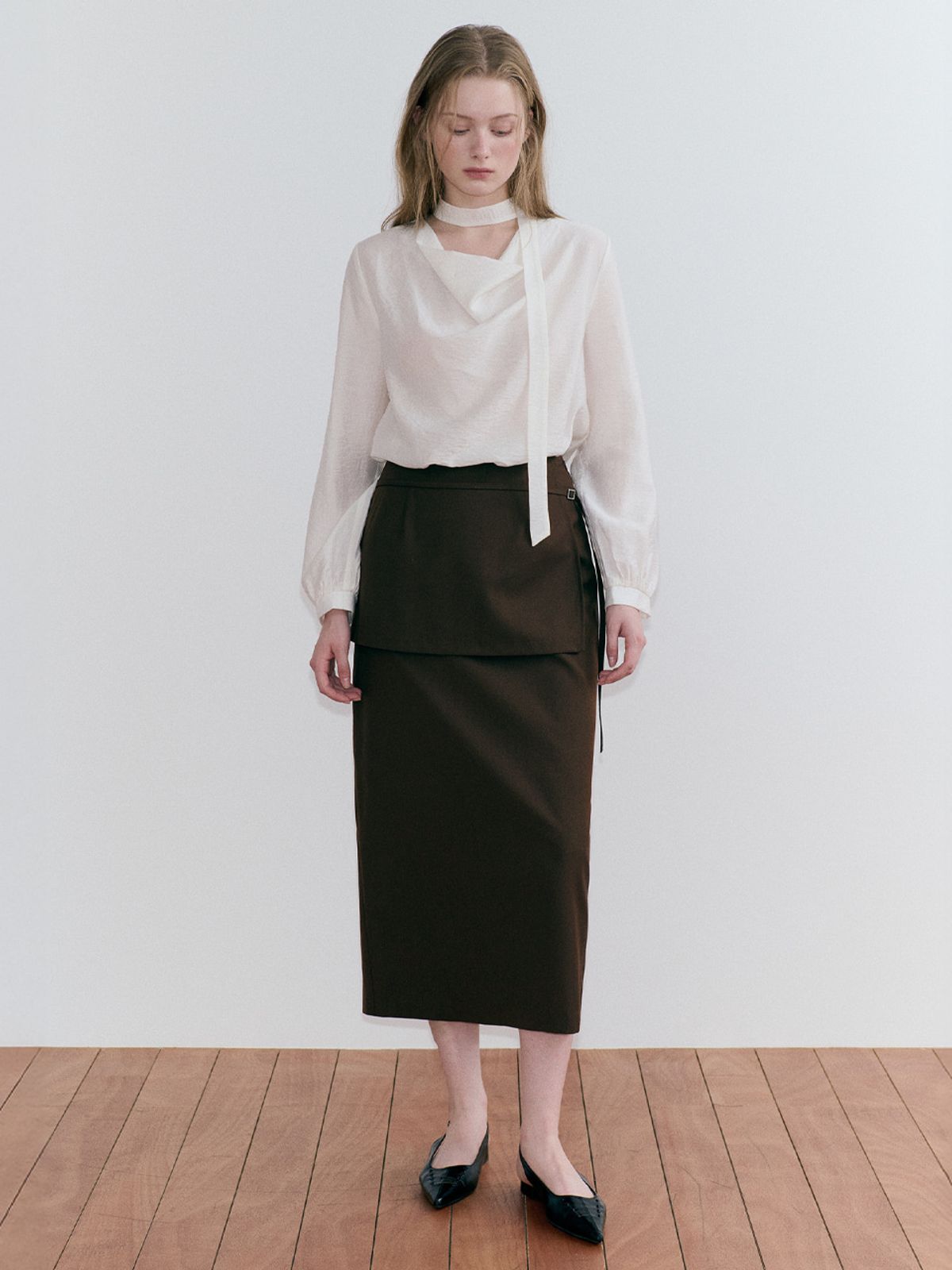 에트몽(ETMON) Buckle Strap Layered Skirt, Brown